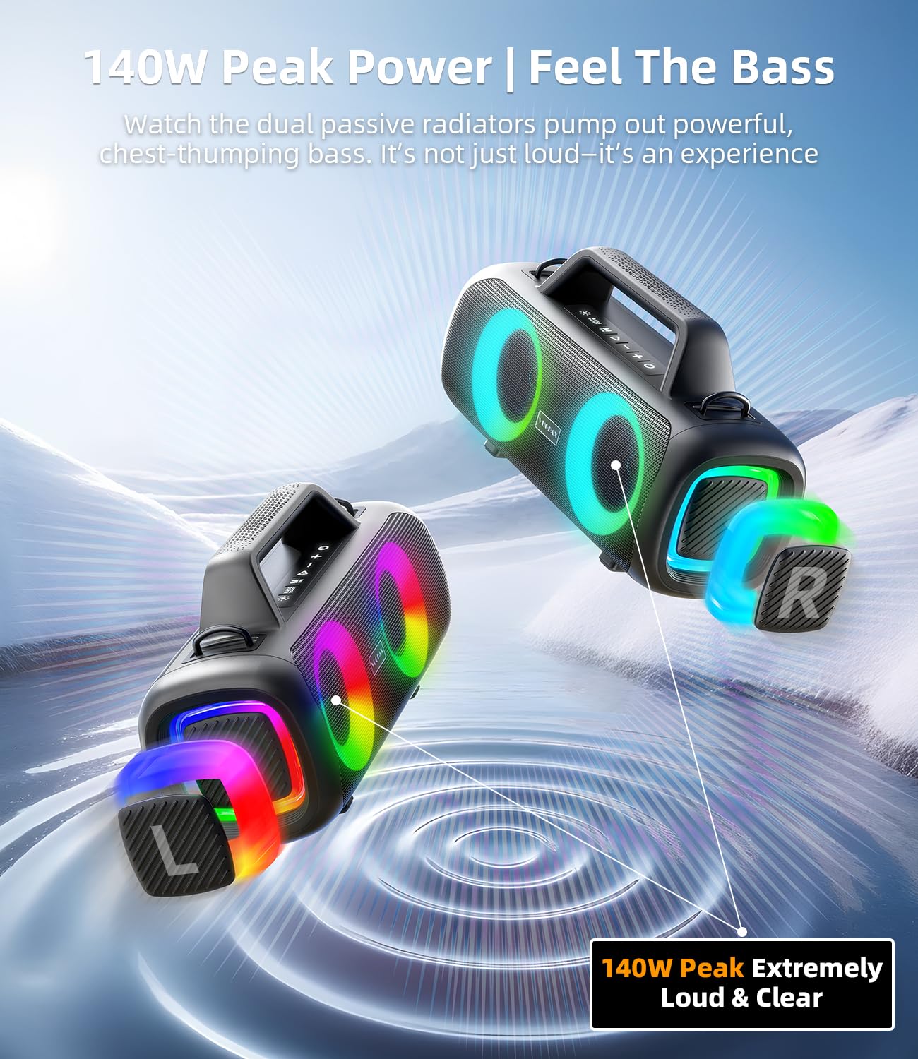 Cassa Bluetooth Portatile, 140W Potente con 2 Subwoofer e 2 Tweeter, Impermeabile IP65 per Esterni, Batteria 24h, Luci RGB, per Feste, Giardino, Spiaggia - Connessioni AUX/USB/TF e TWS