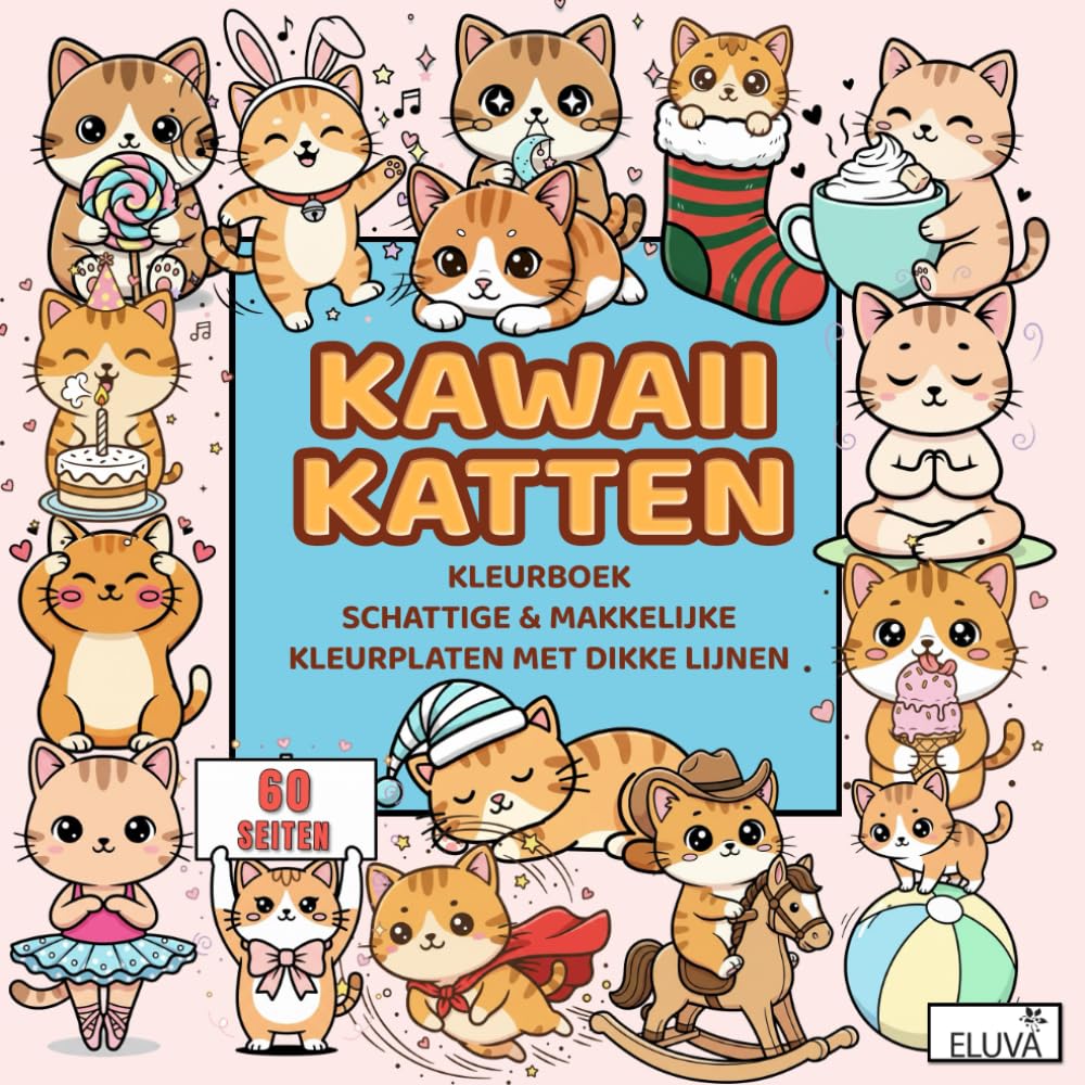 Cozy Kawaii Katten Kleurboek: Schattige & Makkelijke Kleurplaten met Dikke Lijnen: Ontspanning door Eenvoud: Een Knus Kleurboek với 60 Schattige Katten ontwerpen en Dikke Lijnen cho Stressvermindering