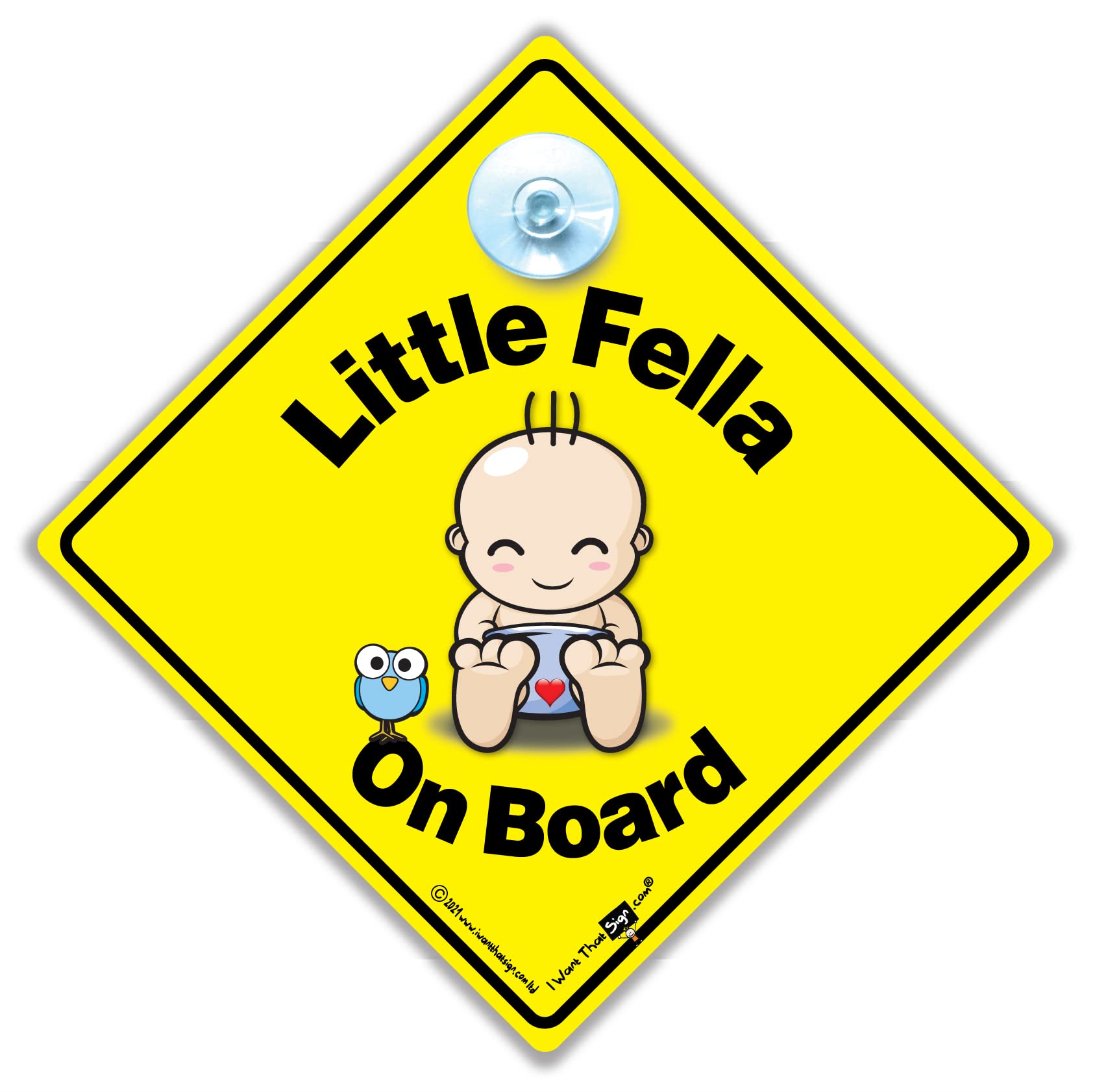 Iwantthatsign.com Yellow And Black Little Fella On Board Car Sign, Baby On Board Sign, Grandchild On Board, High Visibility Advisory Suction Cup Car Window Sign Designed To Let Other Road Users A Child Is In The Car, 14 Cm X 14Cm X 2Cm