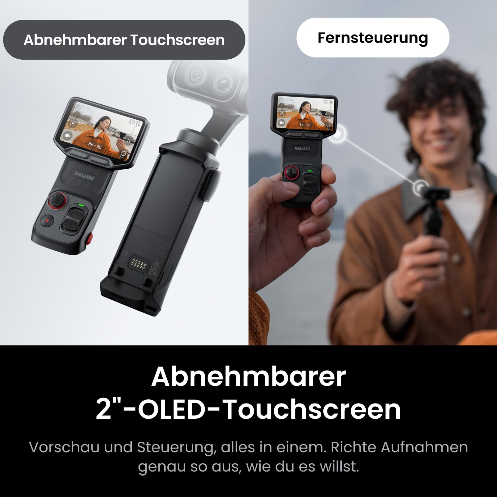 Insta360 Luna Ultra Ausdauer-Bundle – 8K Vlogging-Kamera mit Zwei Leica Objektiven, 12× Zoom, 1"-Sensor, Abnehmbarer 2"-Touchscreen, Dreifach-KI-Chip, kompakte Gimbal-Kamera für Vlogs und Fotografie