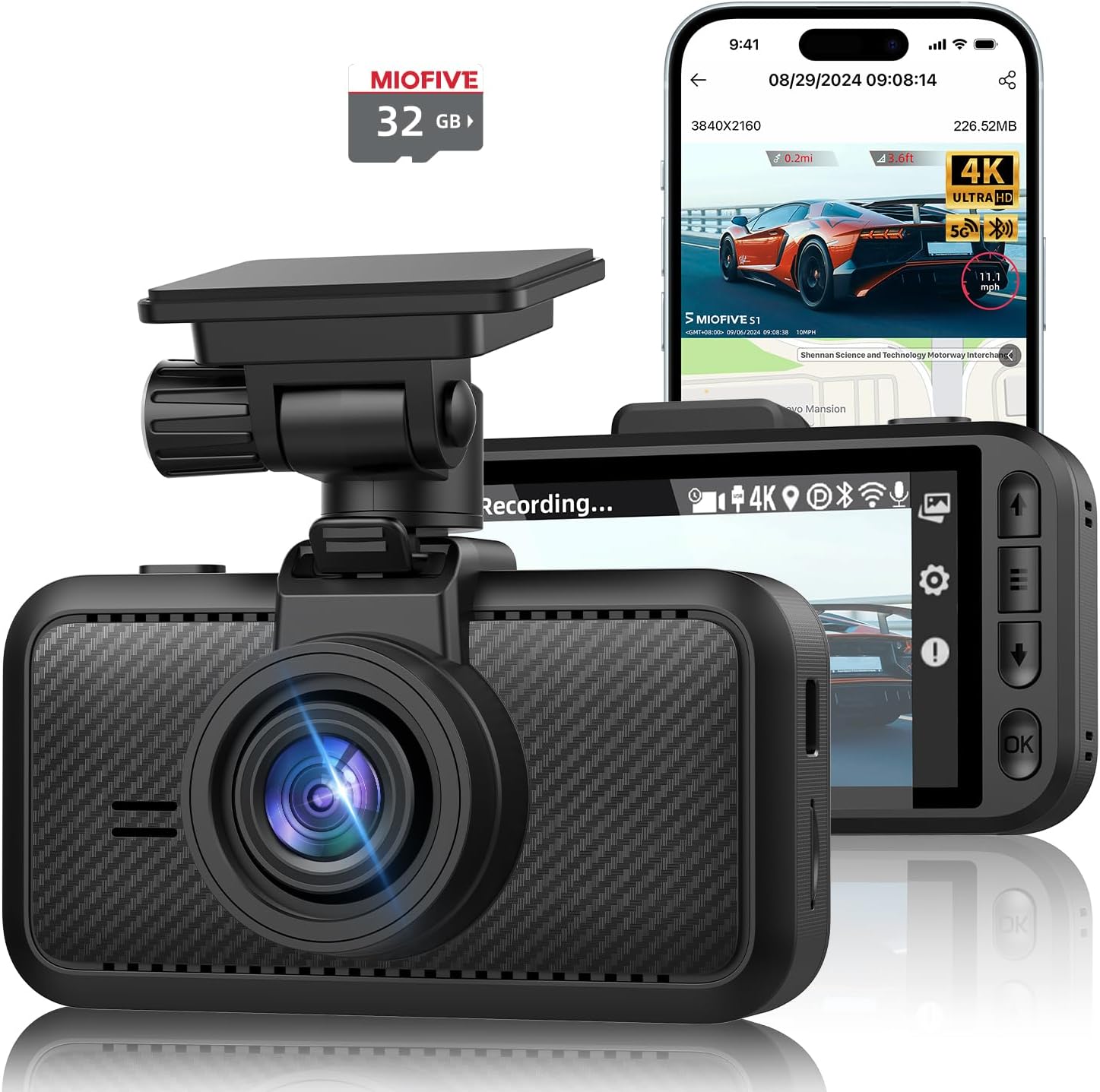 Miofive Car Camera 4K Resolution, 5G WiFi & Bluetooth, GPS Dash Cam, 3" IPS Screen, G-sensor, Night Vision, Loop Recording, HDR, App Control, and Supports up to 512GB with a Free 32G Card Included