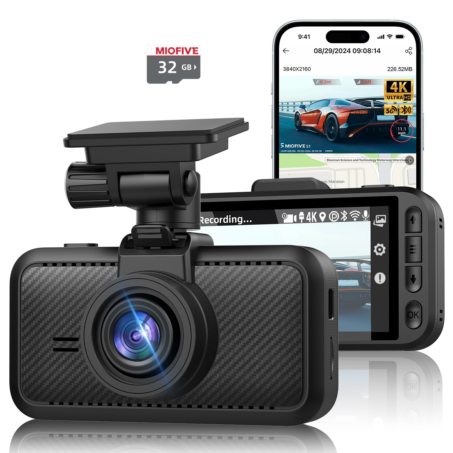 Miofive Car Camera 4K Resolution, 5G WiFi & Bluetooth, GPS Dash Cam, 3" IPS Screen, G-sensor, Night Vision, Loop Recording