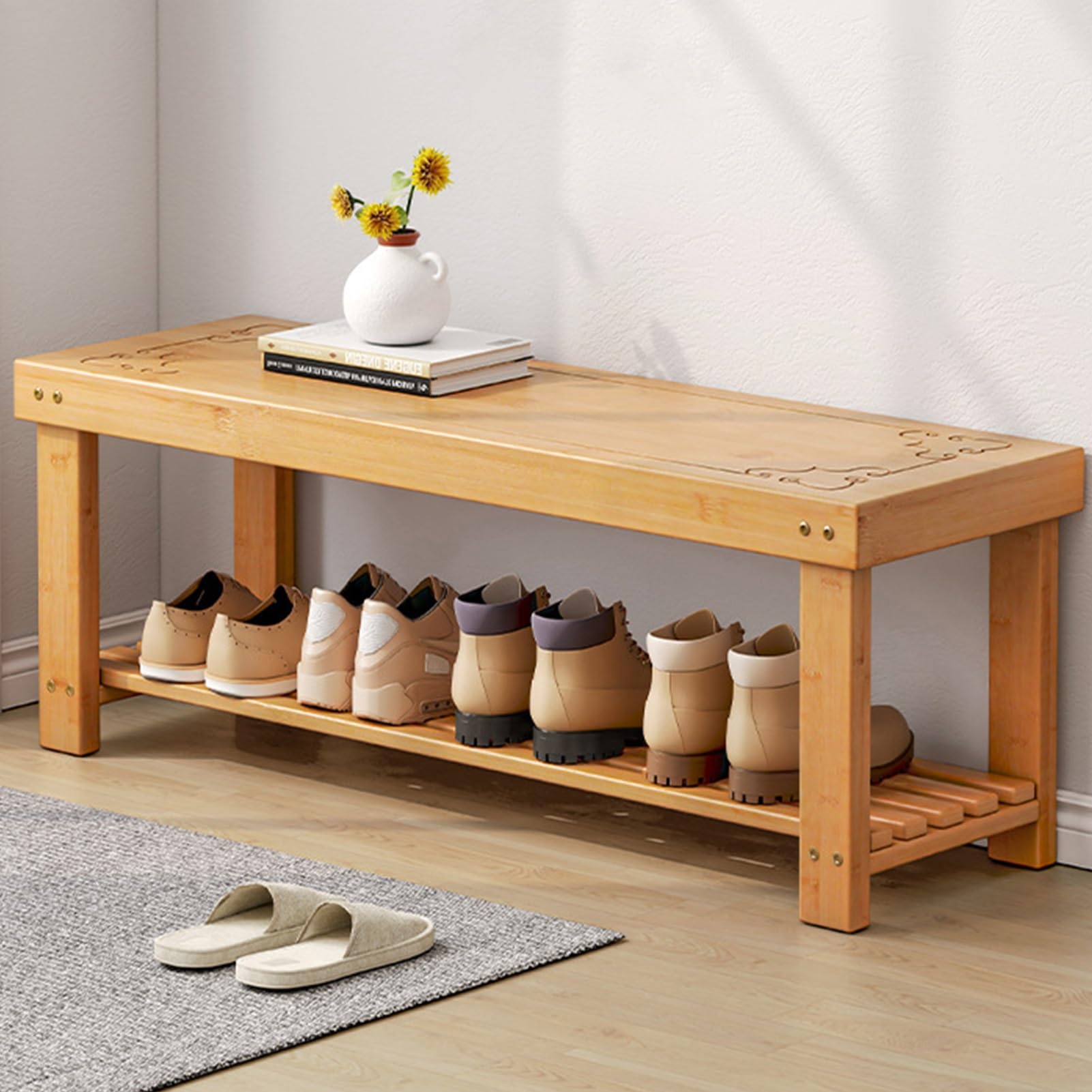 Banc d'entrée étroit en bambou pour organiser les chaussures de toute la famille