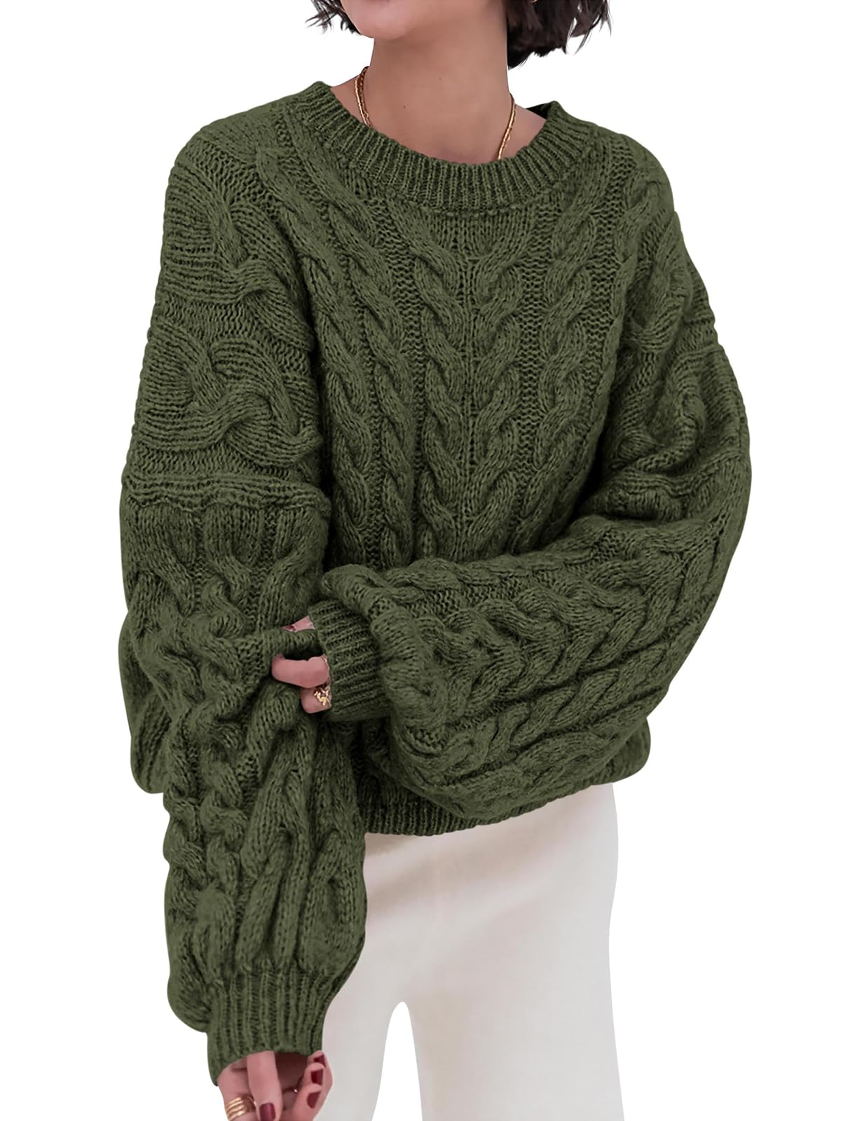 PRETTYGARDEN Womens Sweaters Spring 2026 Cable Knit Long Sleeve Crewneck Oversized Sweater Chunky Pullover Loose Outfits