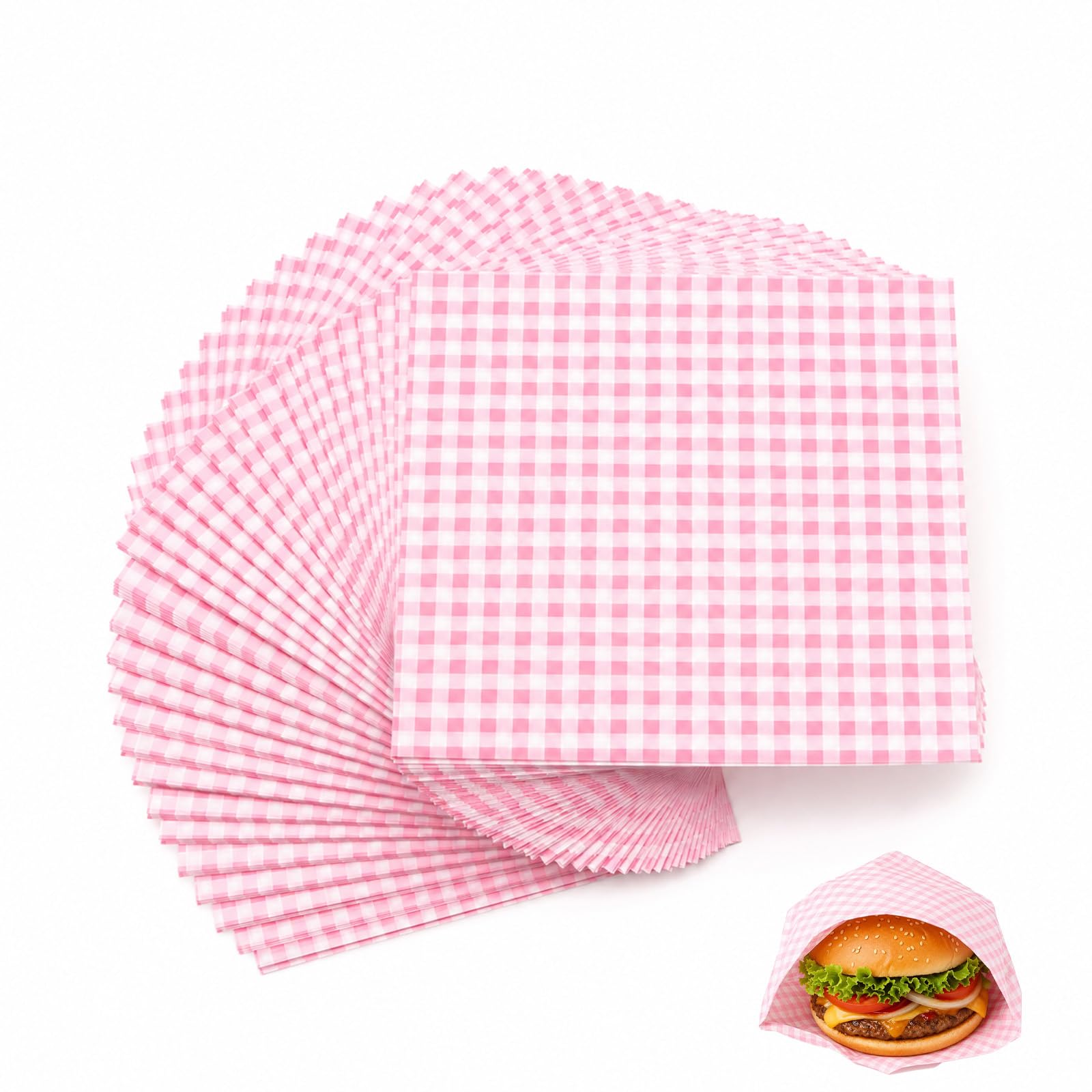 Gkhlg 100 Pieces Wax Paper Sheets for Food Greaseproof Paper Sandwich Wrapping Paper Oil Absorbing Freeze Safe for Home Kitchen Fried Food Picnic Barbecue Restaurant (Pink, 7.09in × 7.09in)