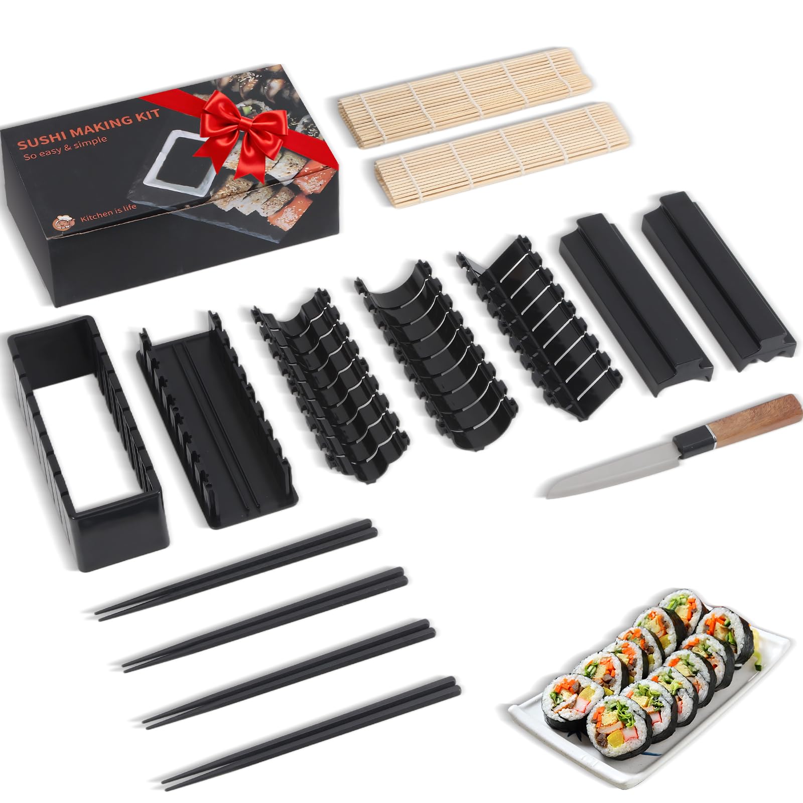 MLRYH Sushi Making Kit Sushi Maker, 14 Pcs Sushi Kit for Beginners Sushi Roller Kit with Sushi Cutting Mold, Knife, Sushi Mats, Chopsticks(Black)