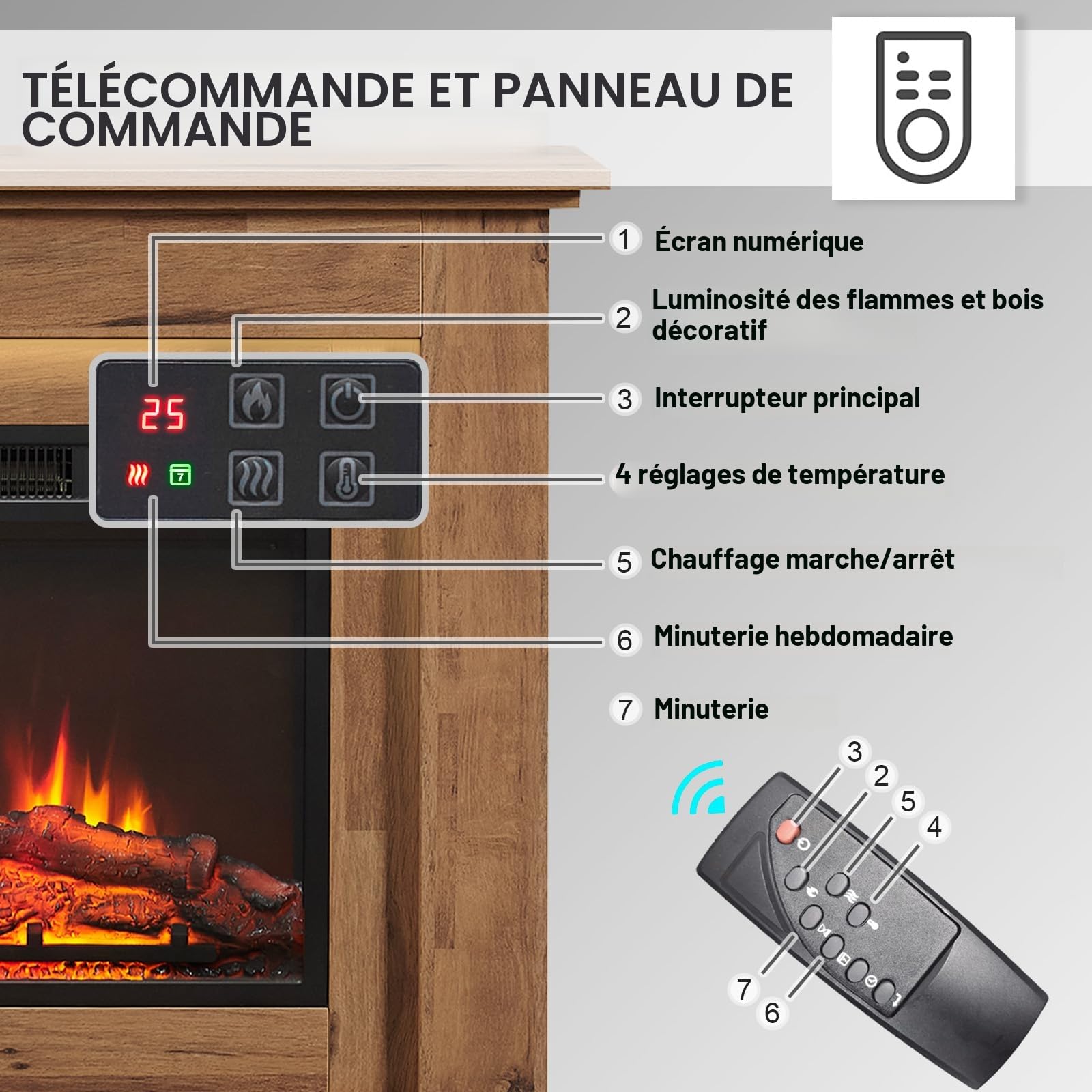 Foyer électrique BALDERIA Finn – Foyer au Sol, Effet Flamme 3D, éclairage d’Ambiance LED, Chauffage 2000 W, minuterie, Thermostat, Commande de démarrage, vitre Ouverte, télécommande – chêne foncé