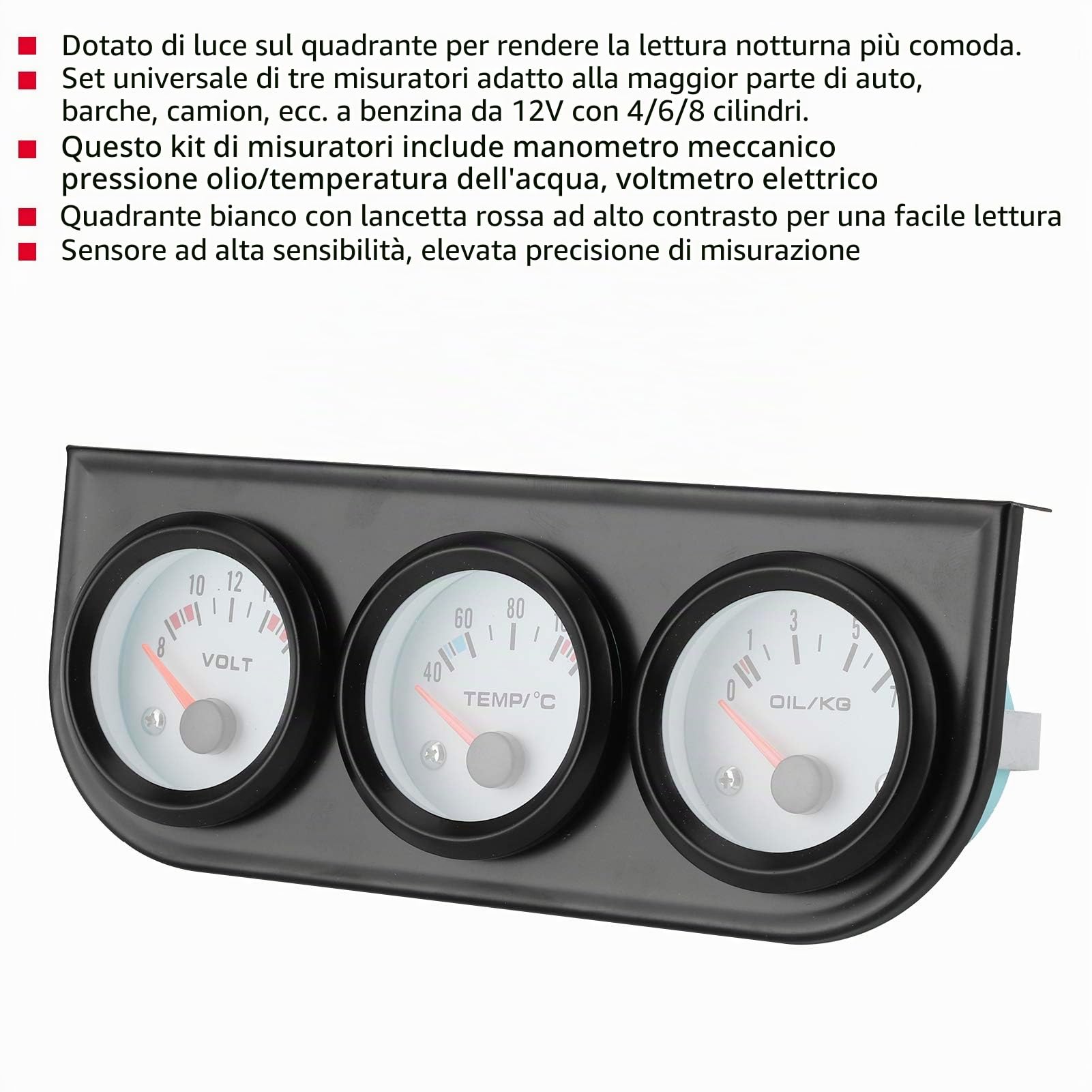 Kit Indicatore Triplo 52 mm per Pressione Olio, Temperatura Acqua e Tensione Batteria, con Illuminazione LED Rossa Installazione Plug-and-Play