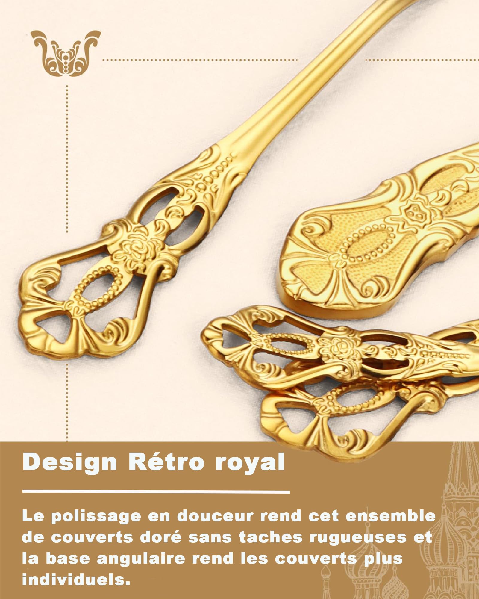 set couverts de table or 6 personnes Rétro royal, ensemble de couverts inox 24 pièces, se compose de couteaux/fourchettes/cuillères, finition Poli résistant, facile à nettoyer