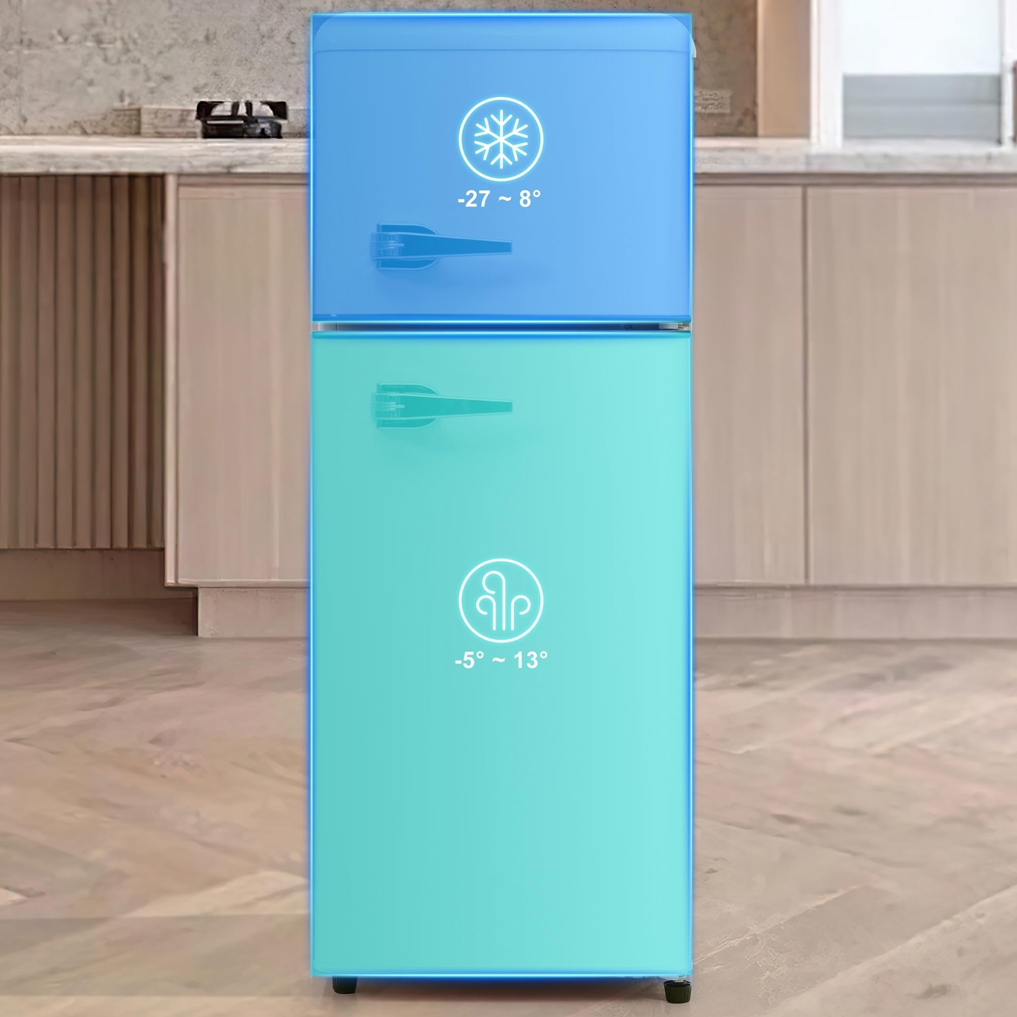Retro-Kühlschrank, Kühl-Gefrier-Kombination, 92 Liter (mit 28 Liter Gefriervolumen), 116 kWh/Jahr, 105.5 cm hoch, Zweitürig, -27°C ~13°C, LED-Licht, Weiß