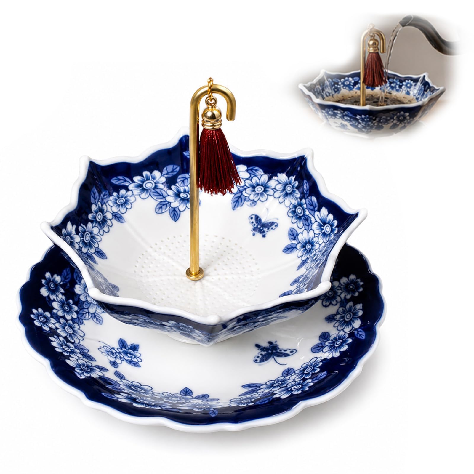 Porcelain Umbrella Tea Strainer, Blue White Ceramic Loose Leaf Infuser, Vintage Chinese Style Tea Filter, Suitable for Loose Leaf, Flower and Herbal Infusions, Kitchen Accessory Gift