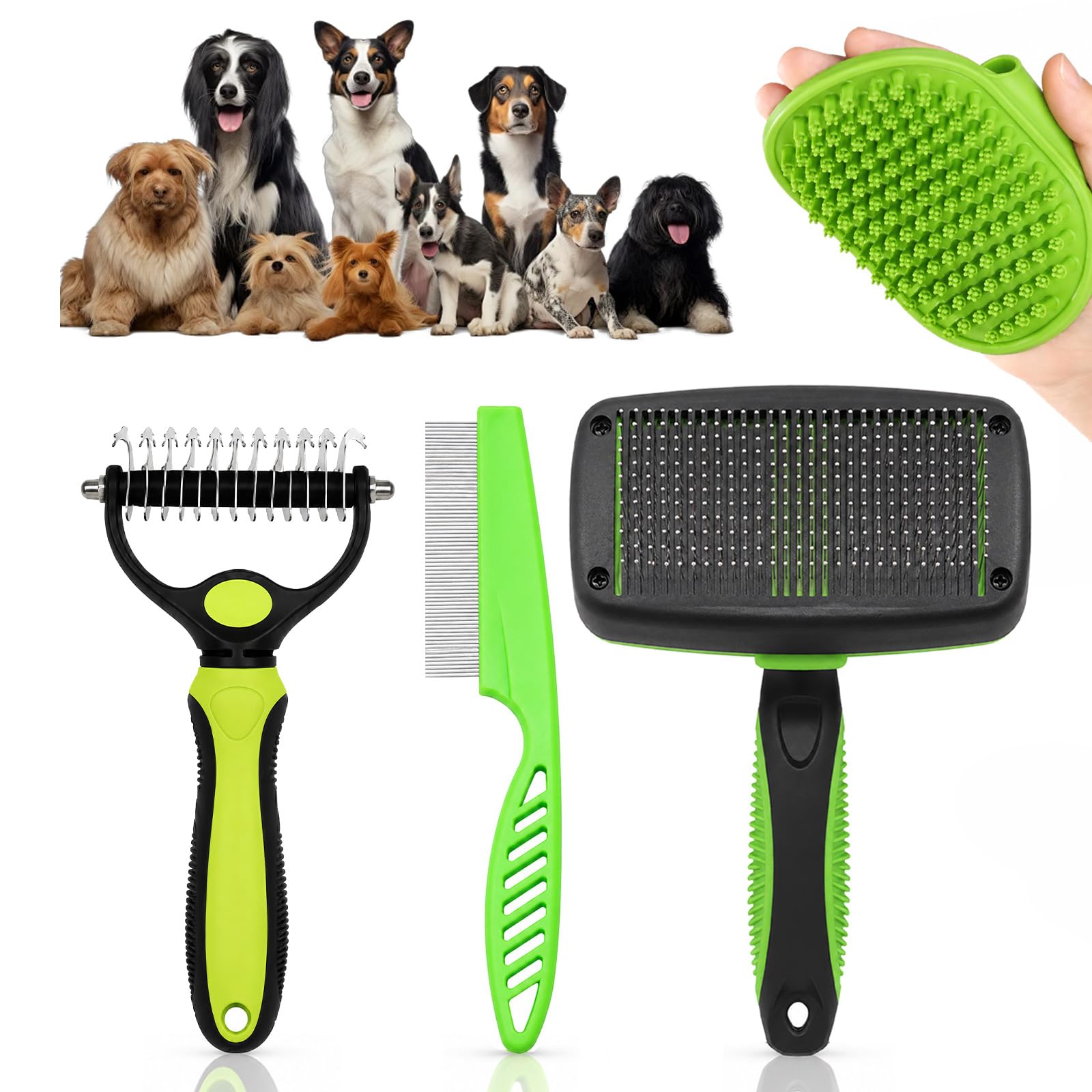 4‑in‑1 Pet Grooming Brush Kit, Self‑Cleaning Slicker Brush, Flea Comb