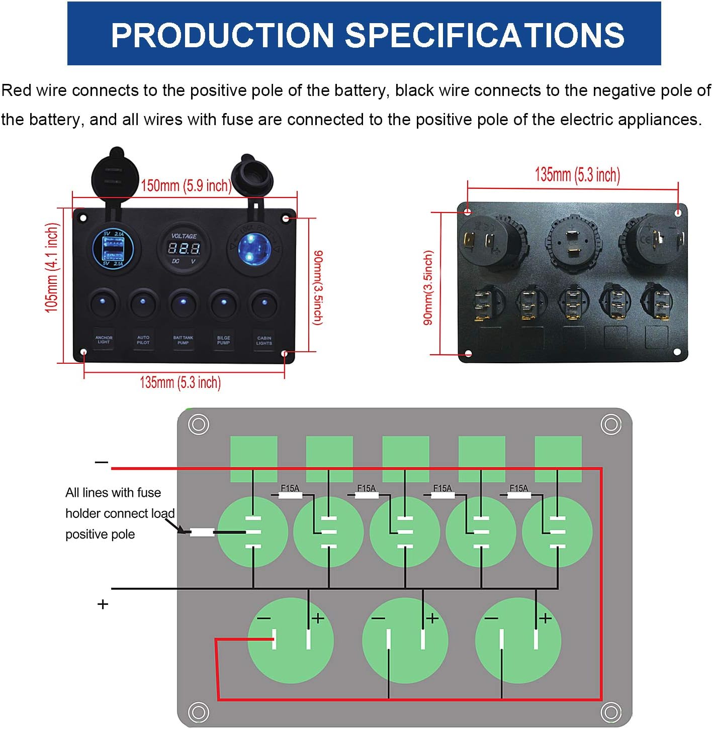BlueFire Waterproof 5 Gang Rocker Switch Panel with 4.2A Dual USB Slot Socket + Digital Voltage Display + Cigarette Lighter + 5 LED ON-Off Button Switches for RV Car Boat Vehicles Truck Trailer Yacht