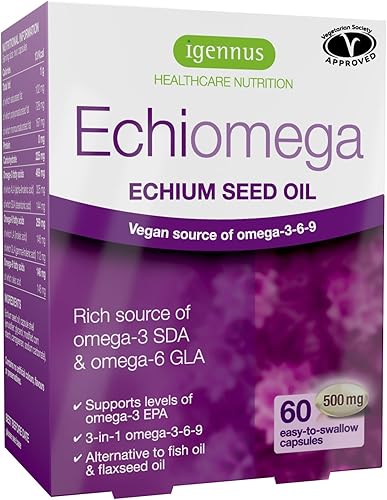 Echiomega Vegan Triple Omega 3 6 9 500 mg, aceite de semilla de Echium, suplemento EFA para mujeres con GLA, 60 cápsulas blandas