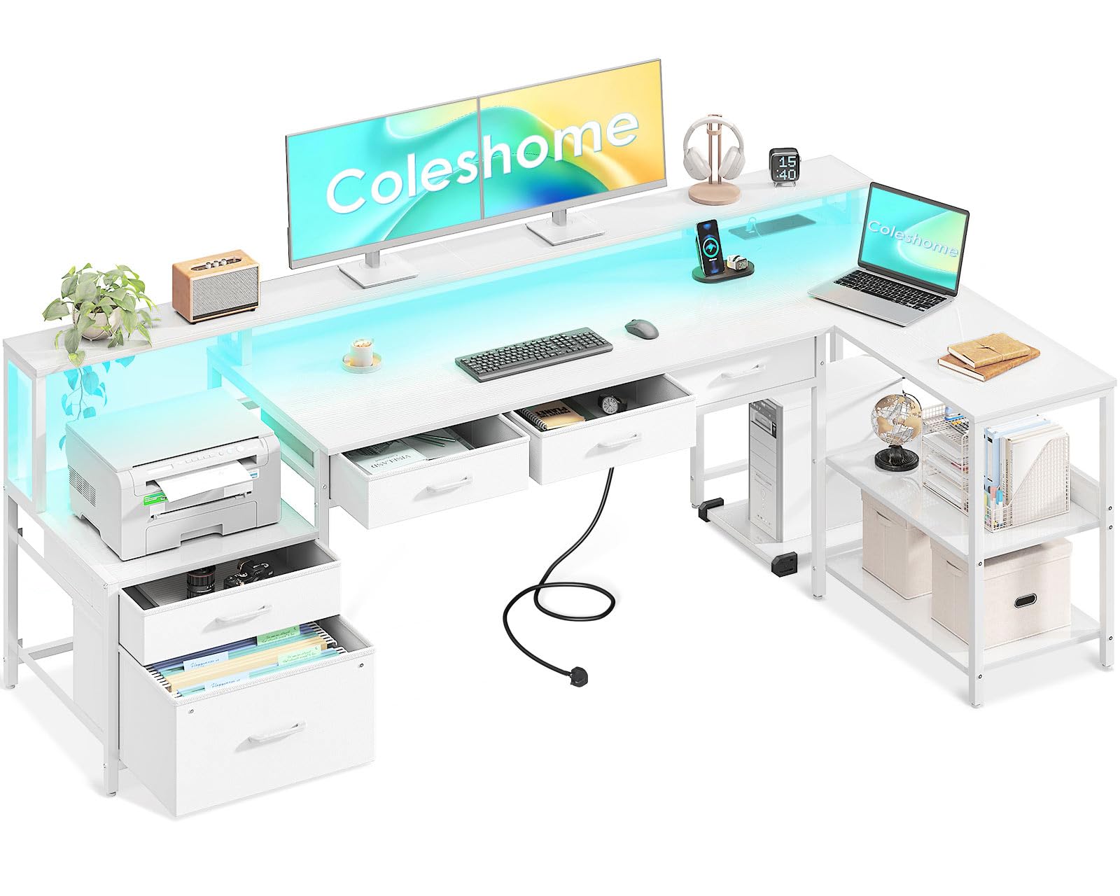 Coleshome 195x100 cm Corner Desk with Drawers, Reversible L Shaped Gaming Desk with LED lights & Power Outlet, Home Office Desks with Monitor Shelf, Computer Table with Storage, White