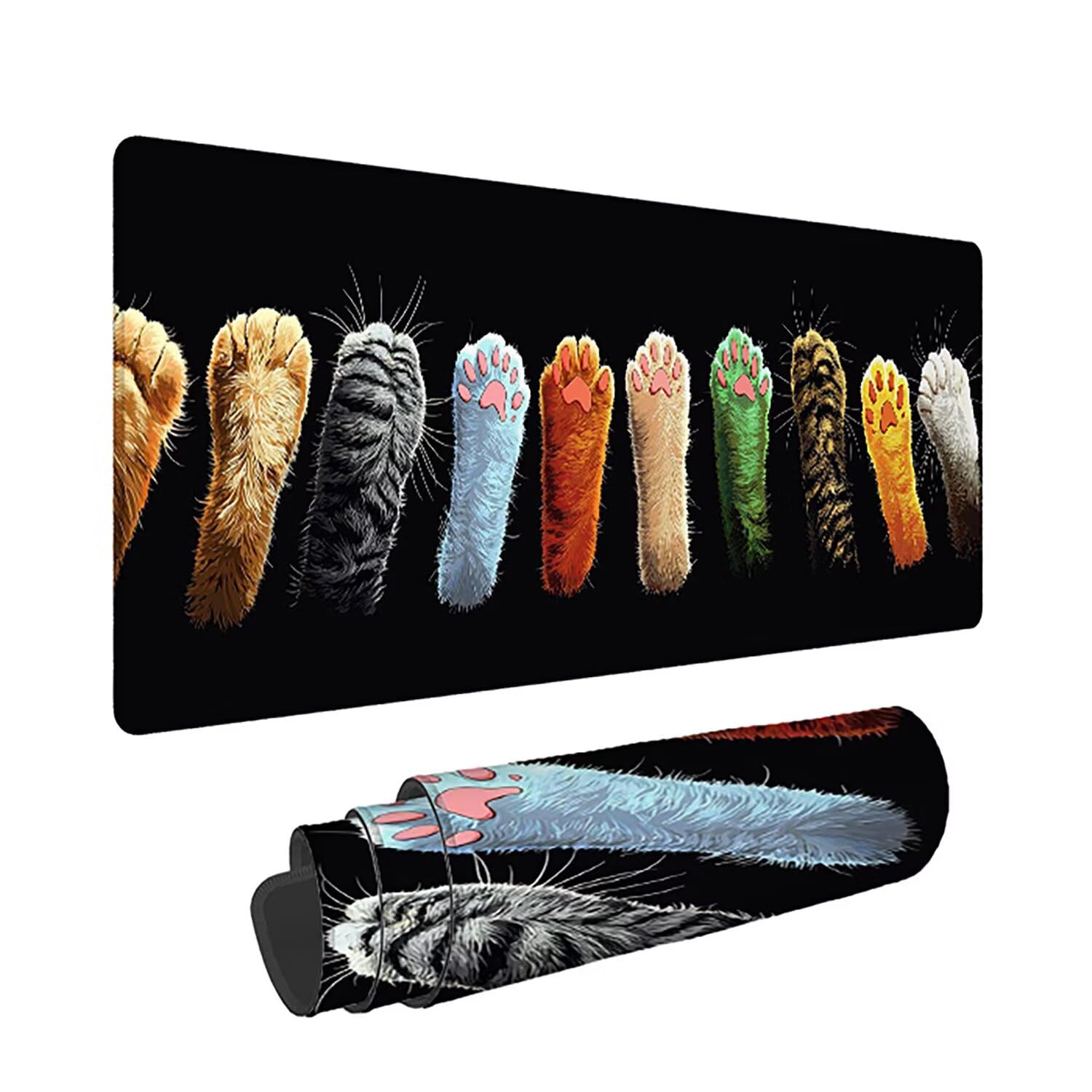 Podkładka pod mysz do gier XXL - 1600x800x3mm - duża antypoślizgowa podkładka pod klawiaturę dla kota z przeszytymi krawędziami, czarna duża podkładka pod mysz do gier do biura i domu, poprawia