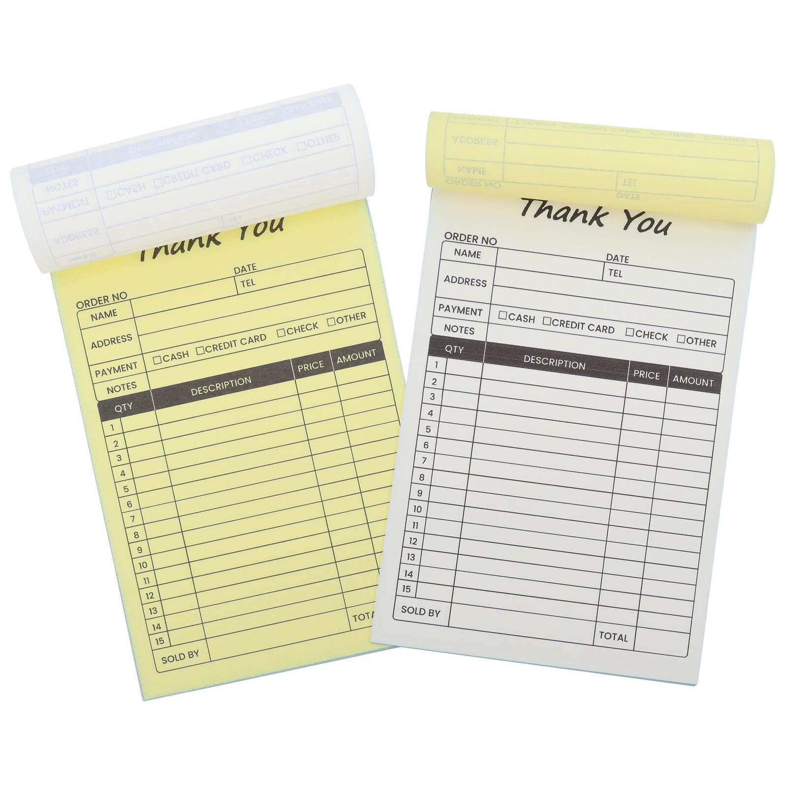 CLISPEED Lot de 2 carnets de factures pour petite entreprise avec formulaires de reçus sans carbone et dos en carton, bloc-notes en 2 parties pour suivi des achats de restaurant et de détail, 100