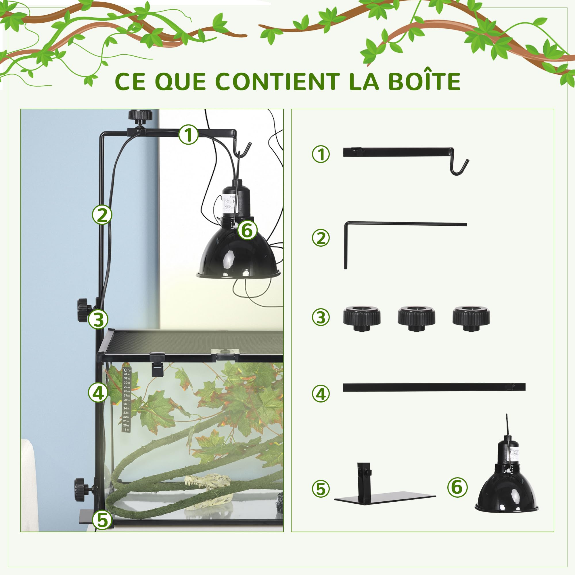 PawHut Support de lampe chauffante pour reptiles, réglable, 32 x 9 x 67 cm, noir