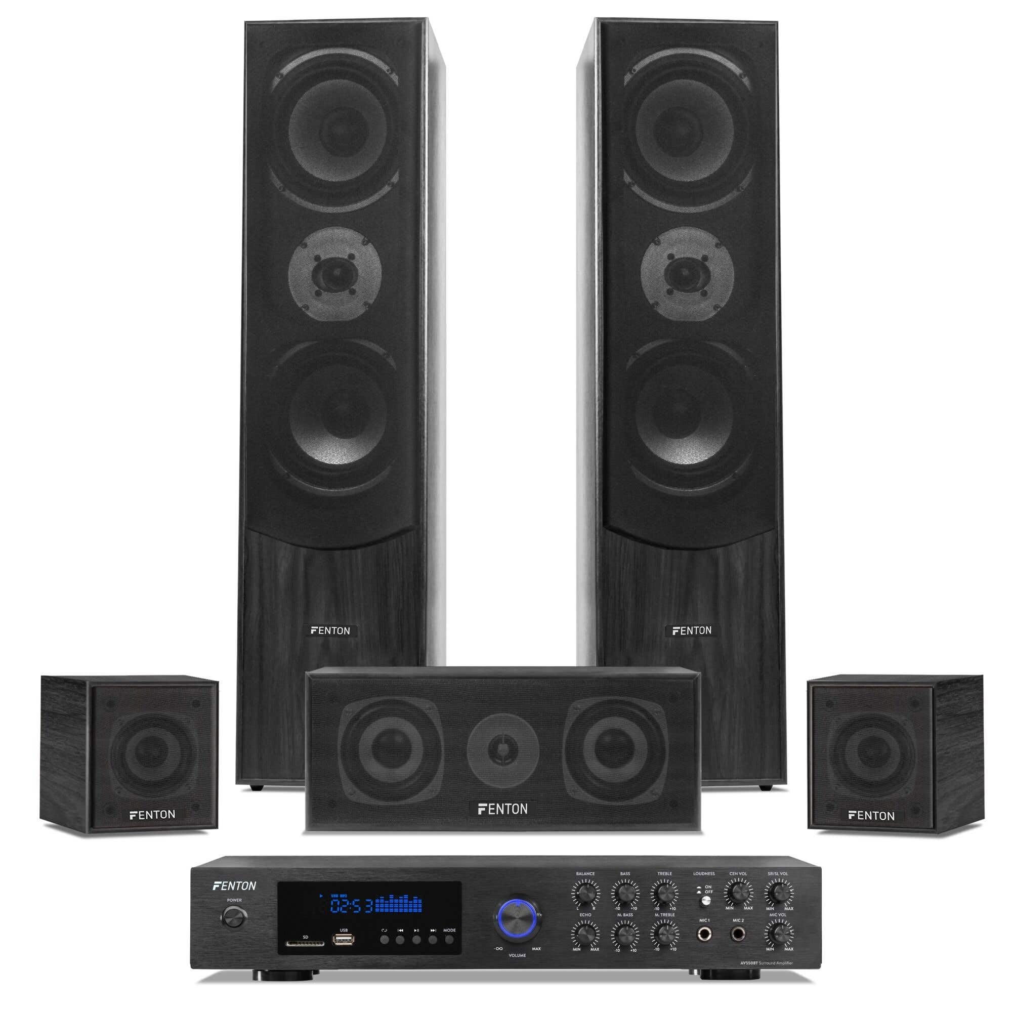 Fenton Cine en Casa 5.1 Bluetooth 510W - Equipo Completo con Amplificador, Altavoces Madera, Karaoke con Entradas Mic, Reproductor MP3 USB, Sonido Envolvente para Películas, Música y Juegos