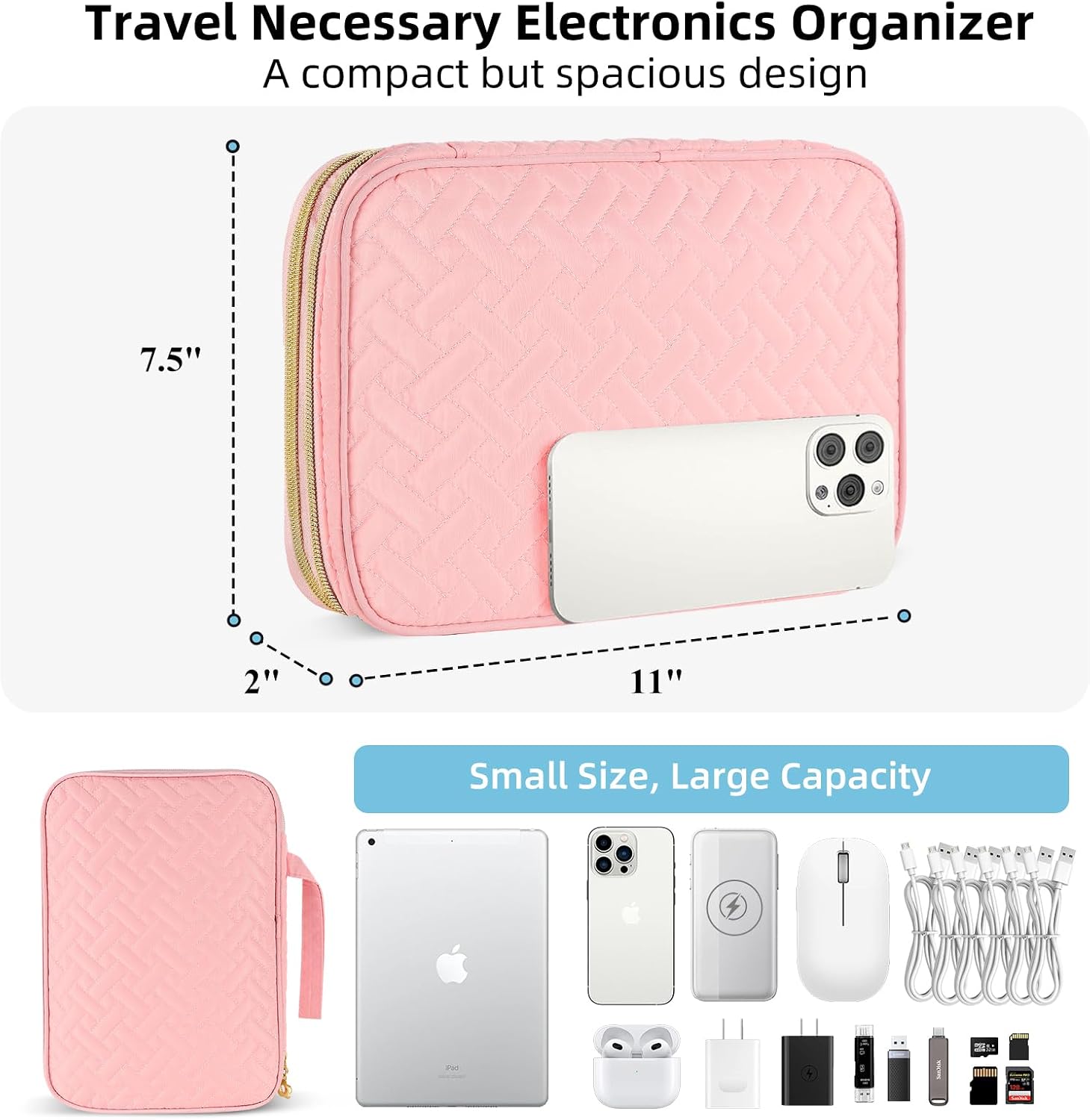 Electronics Organizer Travel Case, Charger Bag Cord Organizer Travel, All-in-One Cable Organizer Bag for Charger, Cords, Phone, Headphones, Flash Drive, SD Card (Pink, Large-Double Layer)