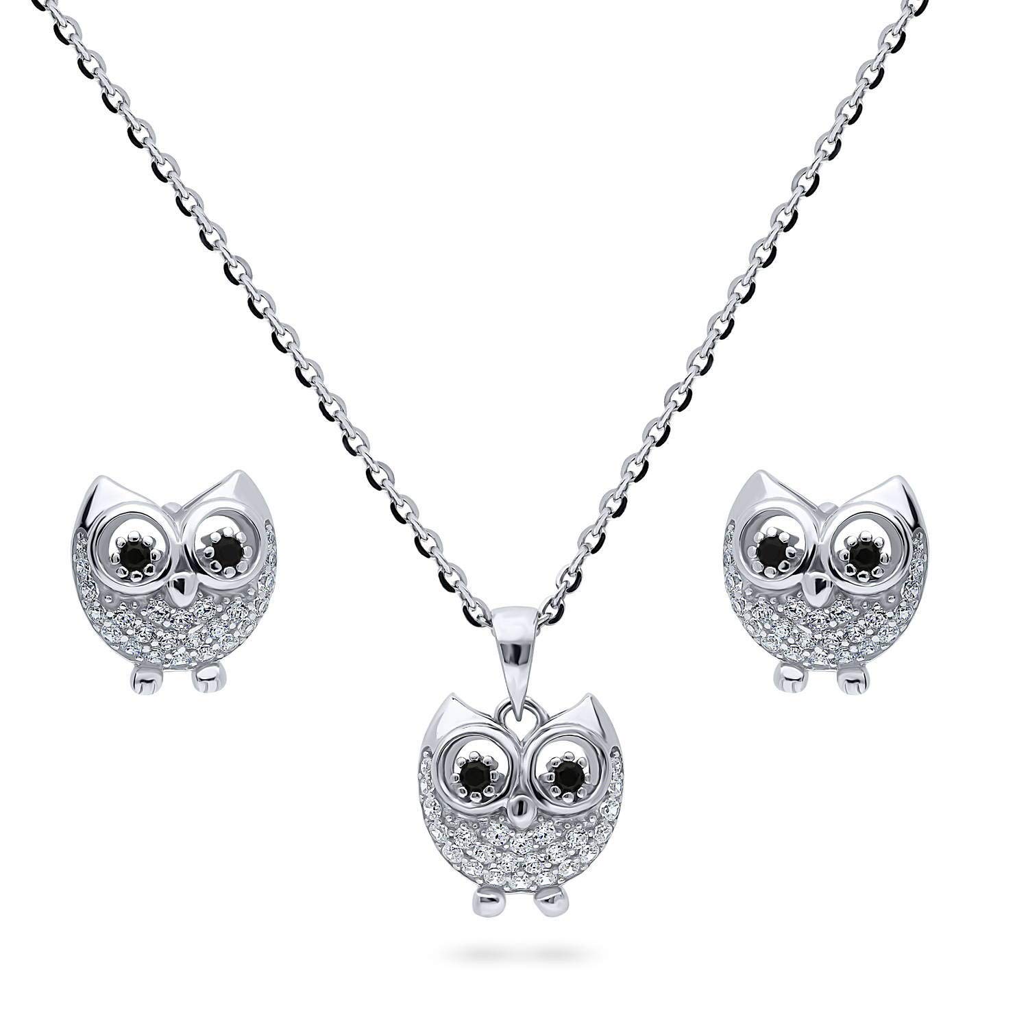 BERRICLERhodium Plated Sterling Silver Cubic Zirconia CZ Owl Fashion Necklace and Earrings Set - Halloween Jewelry