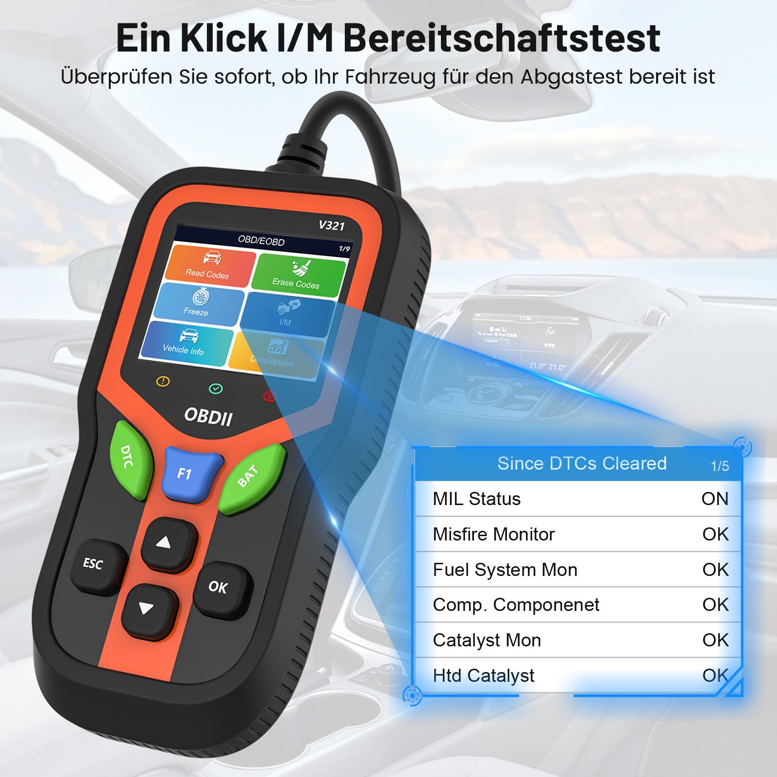 OBD2 Diagnosegerät Auto, OBD Fehlerauslesegerät mit Vollständigen OBDII Funktionen – Codeleser für Motorfehler, Spannung & I/M – KFZ Auslesegerät Deutsch für BMW VW Mercedes Audi Alle OBDII Fahrzeugen