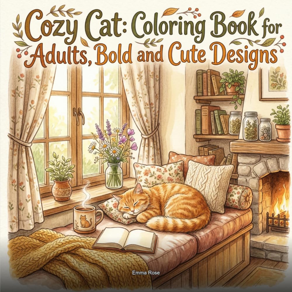 Cozy Cat: Coloring Book for Adults, Bold and Easy Cute Designs: 39 Simple Hygge Illustrations Featuring Cats in Cozy Cottage Settings for Relaxation and Stress Relief