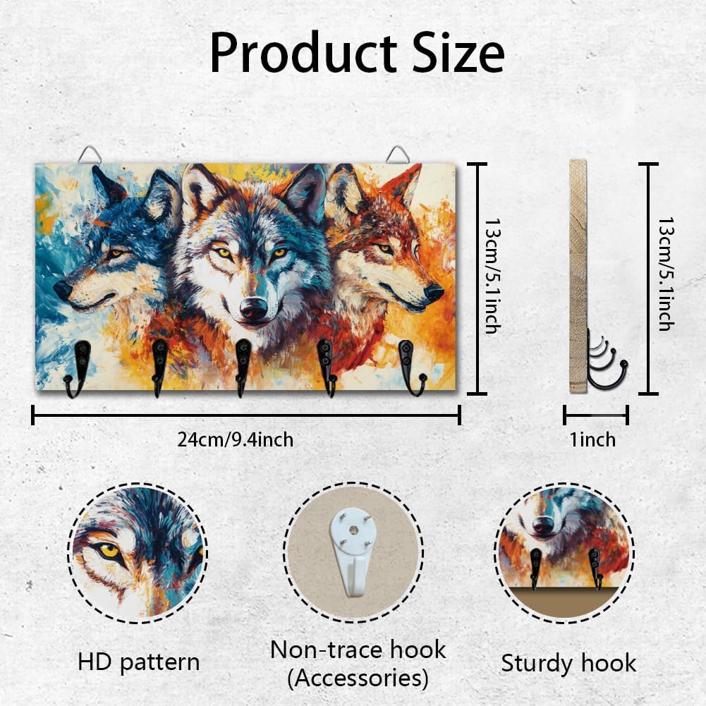 Wolf Key Holder Wall Mounted Wooden Keys Racks Storage Organizer Hanger with 5 Key Hooks House Keys Holder for Wall Decor Door Entryway Hallway Kitchen New Home Gift image 3