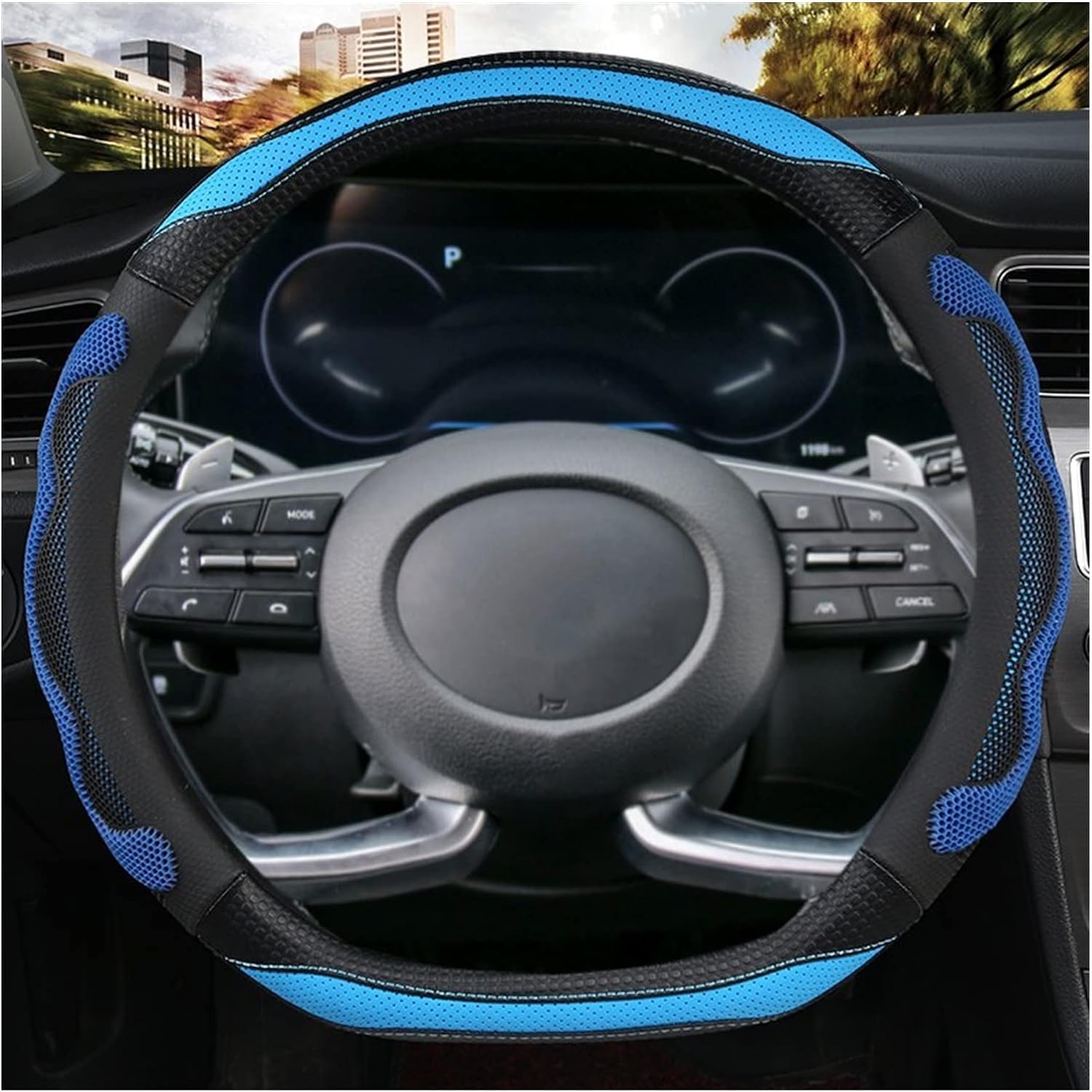 BuilLLin D Cut Steering Wheel Cover - D Shaped Flat Bottom Microfiber Leather Anti-Skid Breathable Fit 14.5"-15" (Blue)