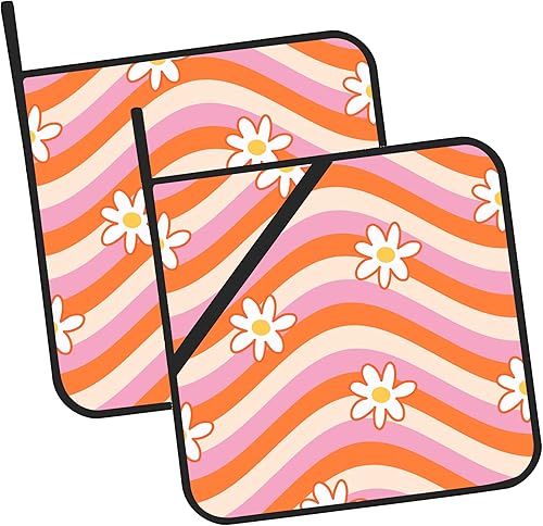 Retro 1970 Daisy - Juego de 2 agarraderas resistentes al calor y antideslizantes, almohadillas calientes para horno de onda rosa para cocina,
