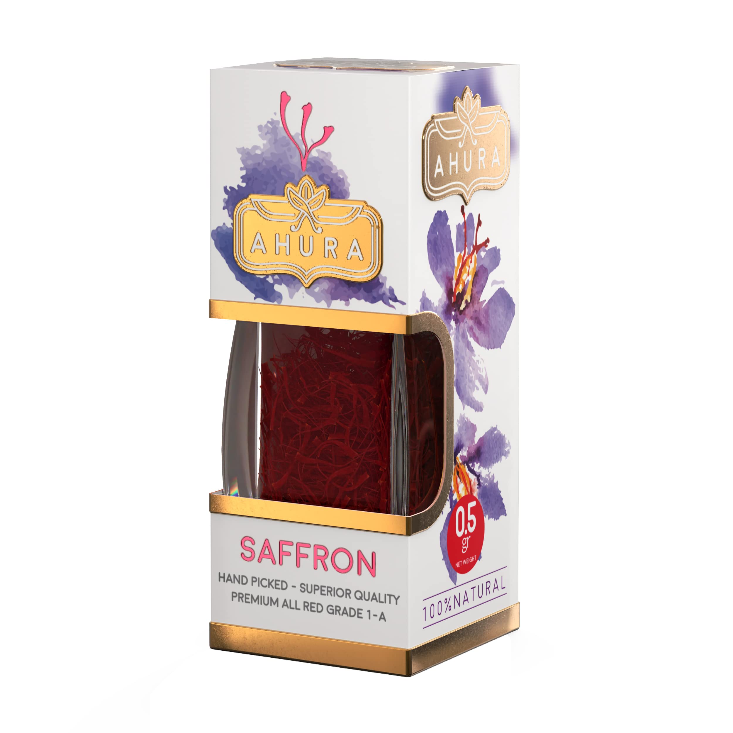 Ahura Finest Natural Saffron Threads - Pure Grade 1 All Red Saffron Spice for Tea, Paella, Risotto, Pasta, Rice, Cooking - No Additives (0.5g Jar)