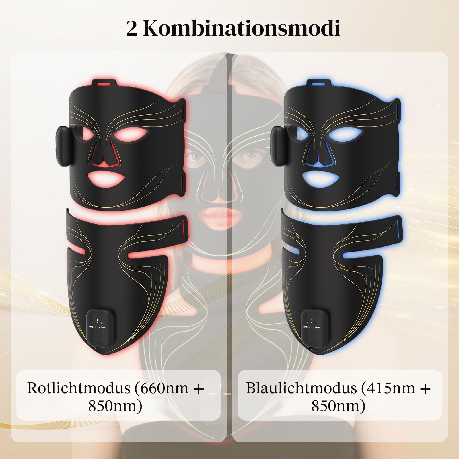 Kabellose LED Maske Gesicht Set, Silikon Rotlicht Maske Gesicht mit 2 Modi, 660nm Rotlicht, 850nm Infrarot, 415nm Blaulicht, 10/15Min Timer, Gesichts&Halsmaske, Red Light Mask Geschenke für Frauen