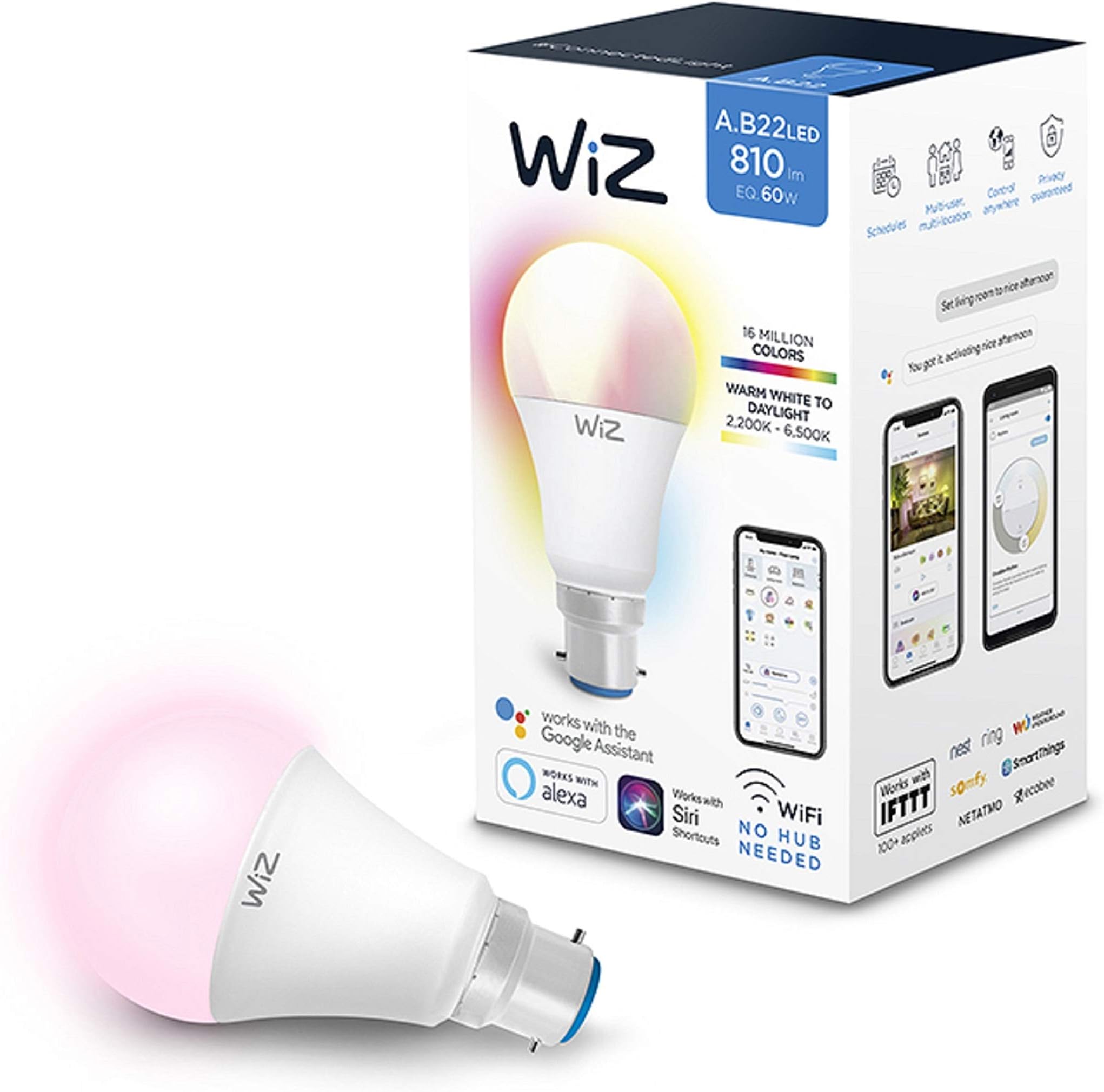 WiZ Smart LED Light Bulb G2 Colours A60 Dimmable WiFi 9W-60W Power 2200K-6500K, lm810, App & Voice Control Alexa, Siri, Google & IFTTT, B22, Multicoloured