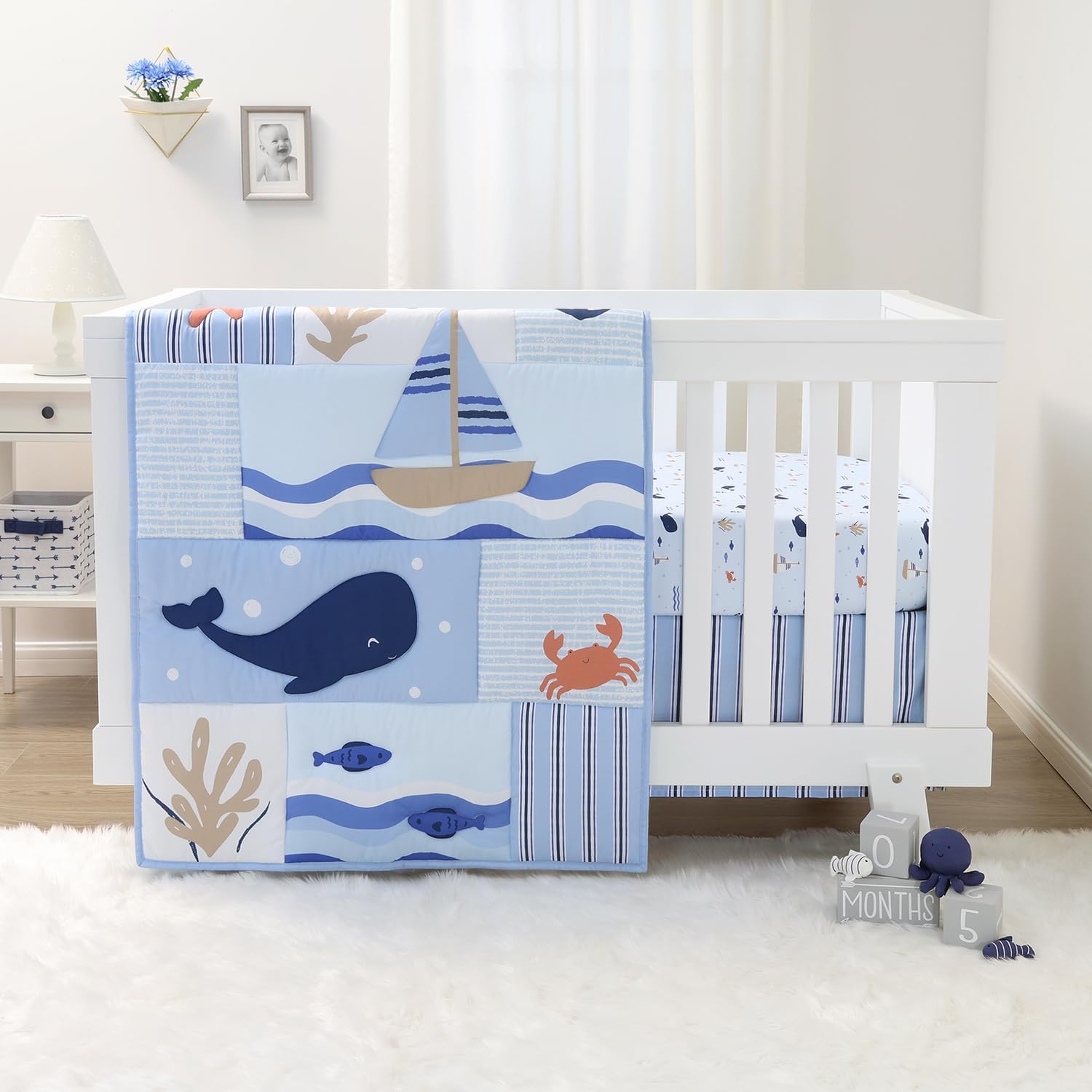 The Peanutshell 3 Piece Nautical Patch Baby Crib Bedding Set Boy, Baby Blanket Quilt, Fitted Crib Sheets for Boys, Navy & Blue Striped Crib Skirt