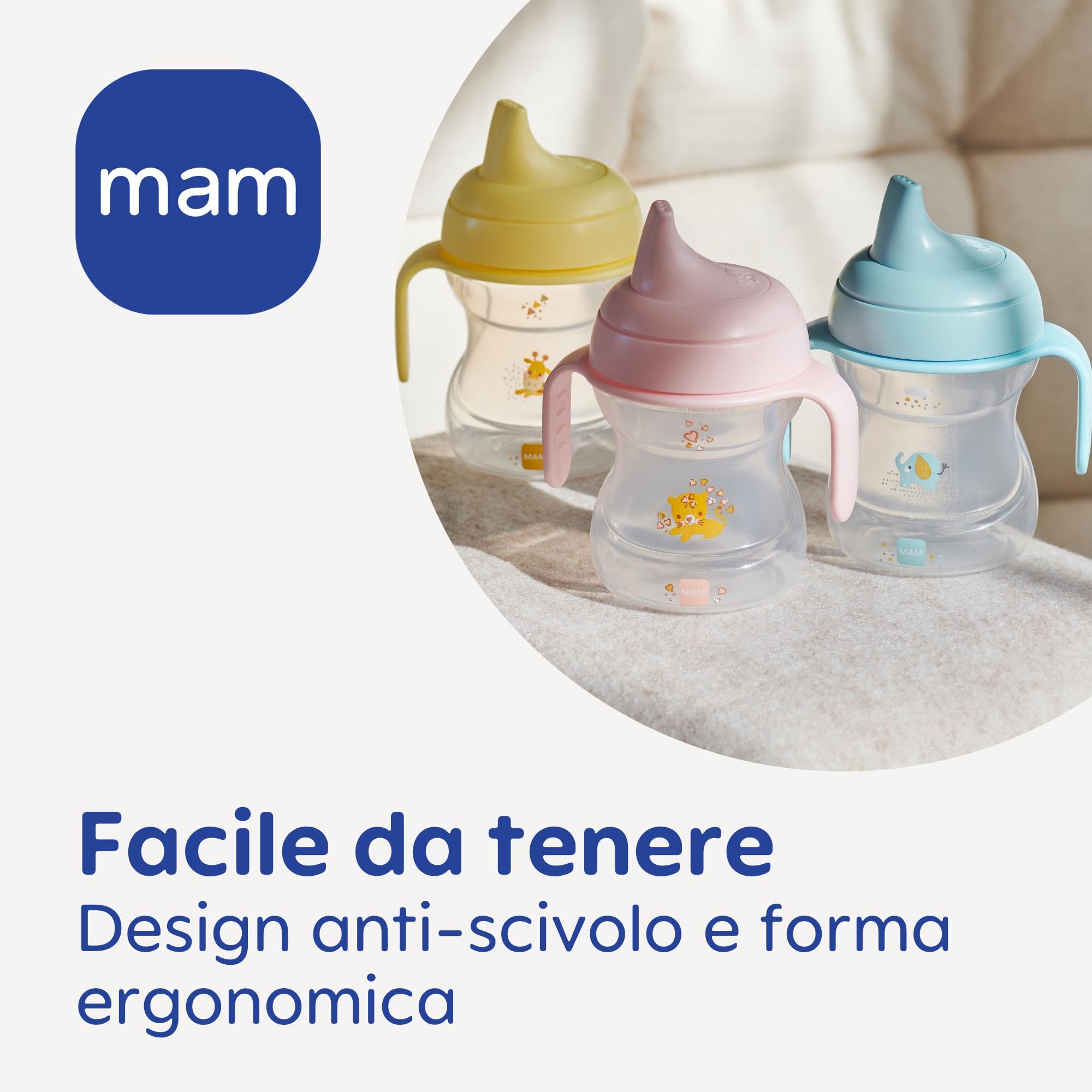 MAM Learn to Drink Cup Tazza bambini 190 ml Biberon neonati 6+ mesi beccuccio anti-goccia valvola flusso libero Azzurro
