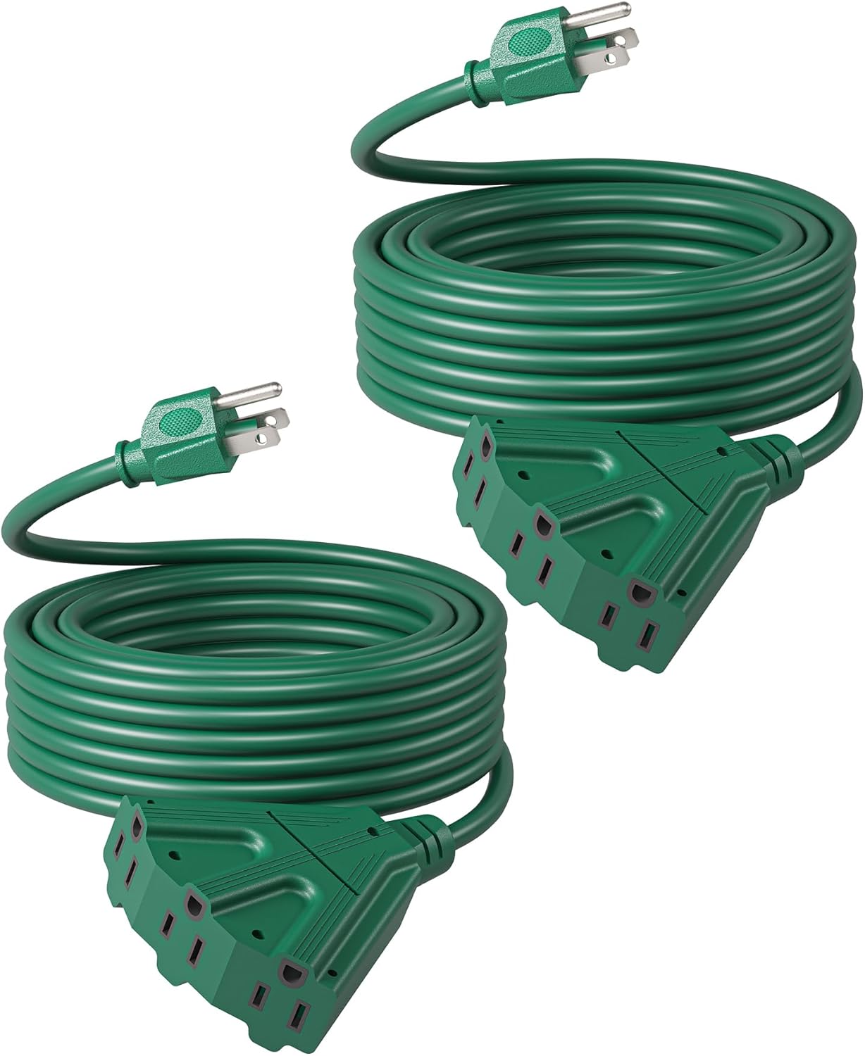 DEWENWILS 25 FT Green Outdoor Tri-Tap Extension Cord Splitter, Weatherproof 16/3 SJTW Power Cable for Holiday Decoration and Landscaping Lights, ETL Listed, Pack of 2 Green 25 FT