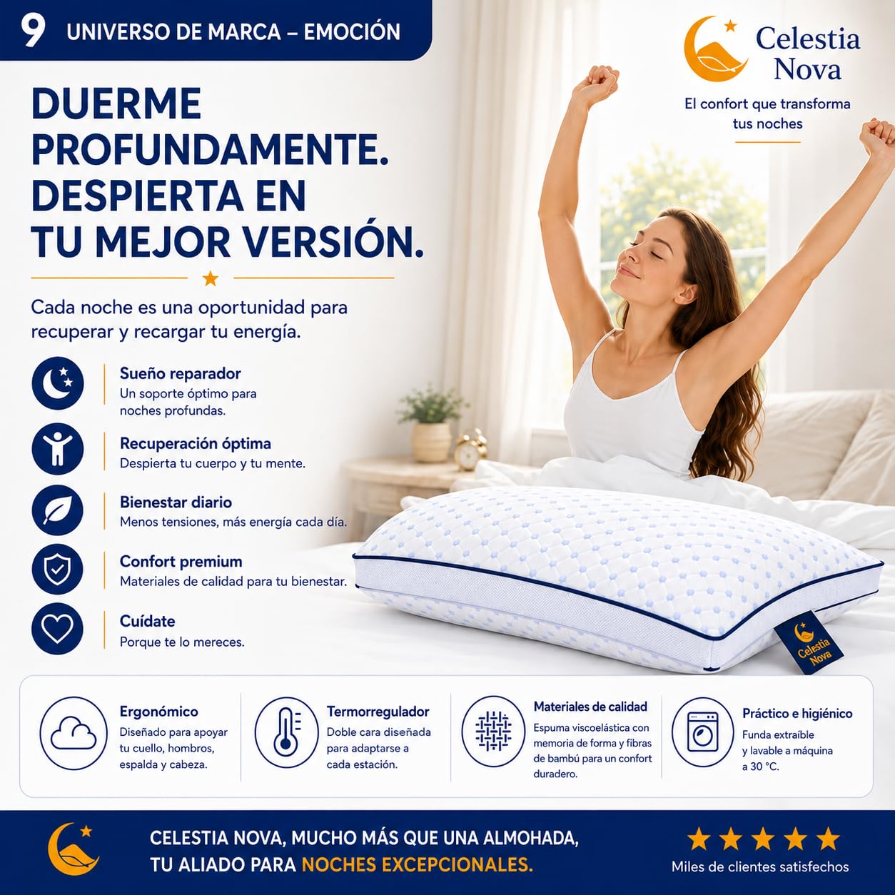 Celestia Nova Almohada ergonómica de Memoria para el Cuello Almohada ortopédica Ajustable para el Dolor de Cuello y Soporte en el Cuello – Doble Cara Fresca – Funda Lavable – 60x50 cm