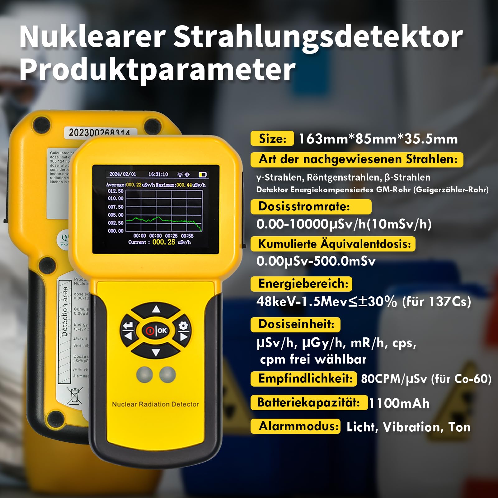 Contador Geiger Nuclear Detector de radiaciones Contador Geiger-Müller para medir la Intensidad de Las radiaciones ionizantes partículas Beta, Rayos Gamma y Rayos X, Pantalla LCD ajustes de Alarma