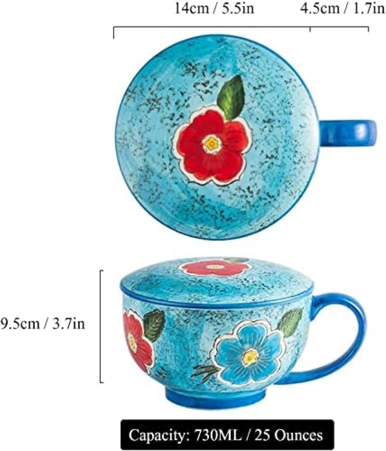 Miska Na Zupę Ramen, Ryż, Makaron Instant, Duża Ceramiczna Miska Na Zupę, Miska Na Makaron Z Pokrywką, Miska Na Makaron Instant Do Mikrofalówki, Duży Kubek Do Kawy Z Uchwytem, Blue, 730ML/25 OZ