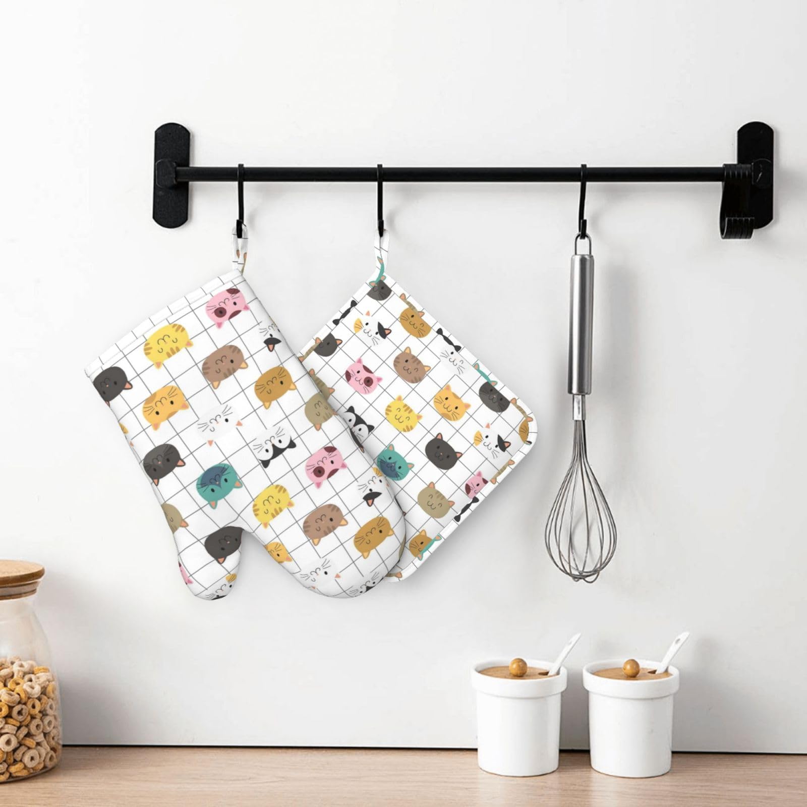 Lot de 4 maniques et maniques en forme de chats mignons - Motif animaux colorés - Résistants à la chaleur - Rustiques - Pour cuisine, pâtisserie, grillades, barbecue