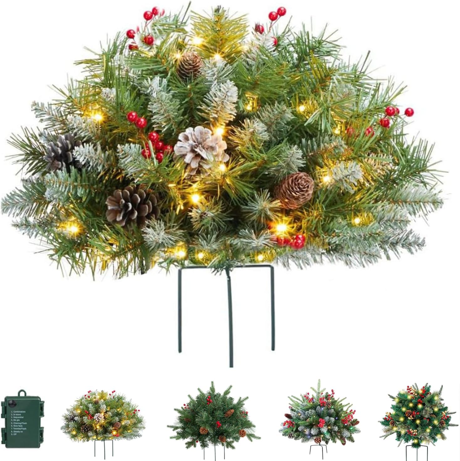 Holiday Planters, Holiday Planter Filler, with red Berries and Pine Cones, Artificial Luminous Christmas Flower with Triangular Stand, for Christmas, Birthday Parties, or as Gifts (B)
