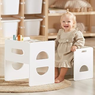 FUNLIO Juego de Mesa y Silla Montessori de Altura Ajustable para Edades 1-3, Juego de Mesa y Silla de Madera Maciza para Niños Pequeños, para Leer/Comer/Jugar - Blanco
