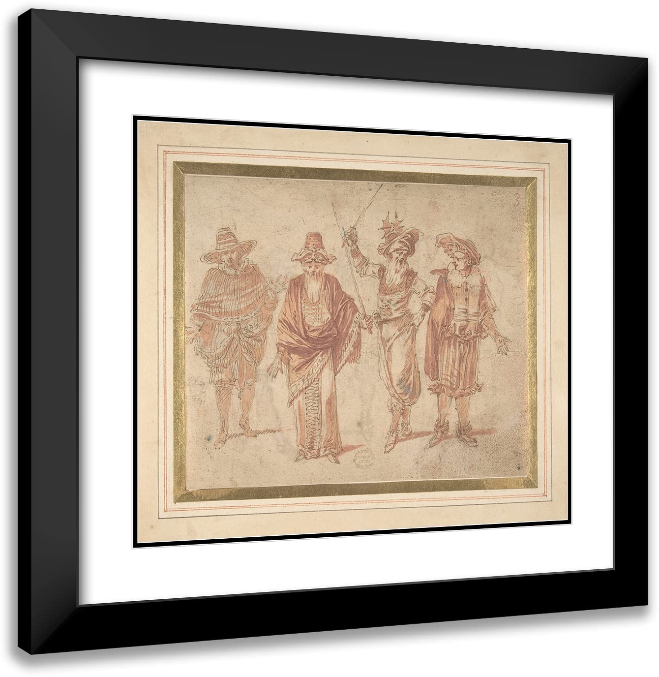 ArtDirect Claude Gillot 22x20 Black Modern Frame and Double Matted Museum Art Print Titled - Figures in Theatrical Costumes