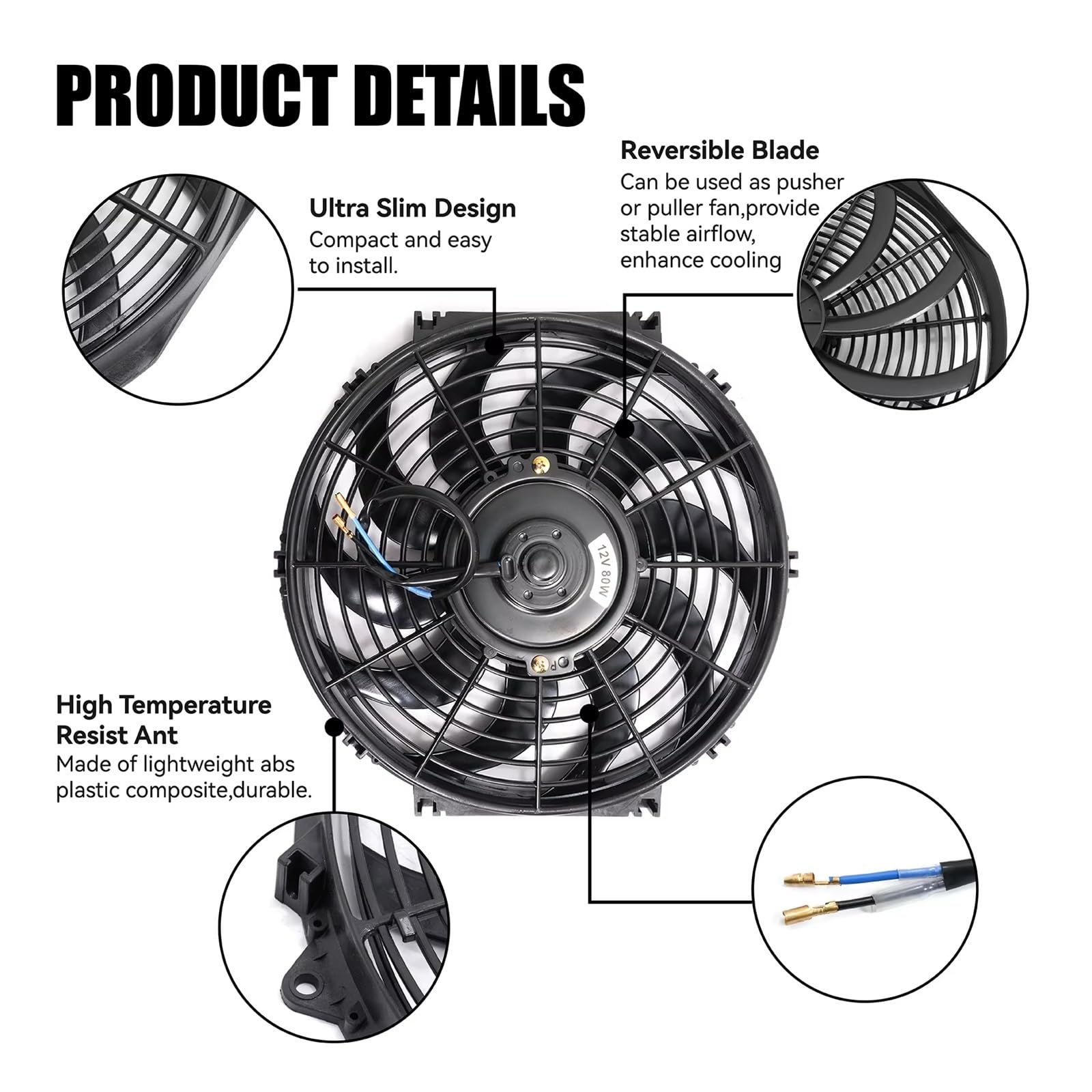 Motor Coche Radiador eléctrico Ventilador Refrigeración Motor Coche 12 Pulgadas Ventilador Refrigeración Motor Eléctrico Empuje Delgado Universal Coche 12V con Kit Montaje