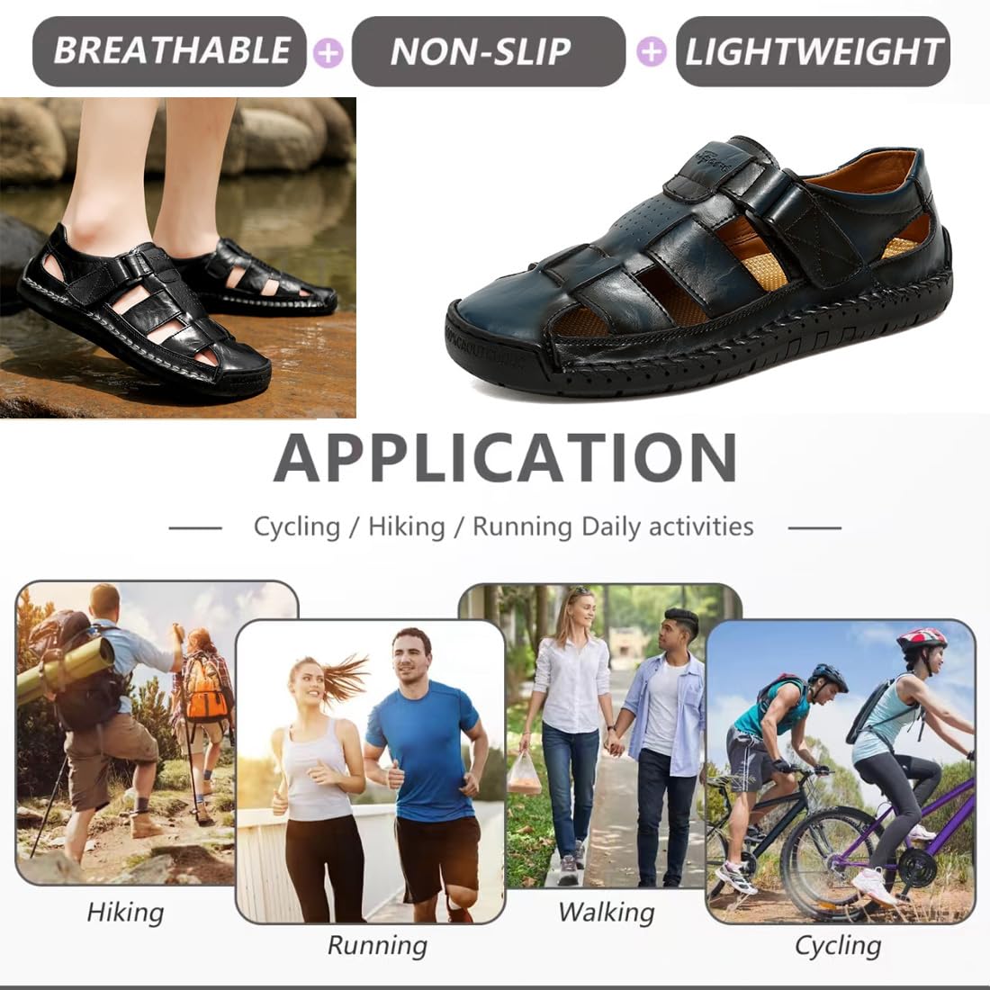 Sandalias huecas de cuero elegantes para hombre, sandalias de vestir de cuero con puntera cerrada, antideslizantes, para senderismo, verano, antideslizantes, sandalias de playa con correa ajustable
