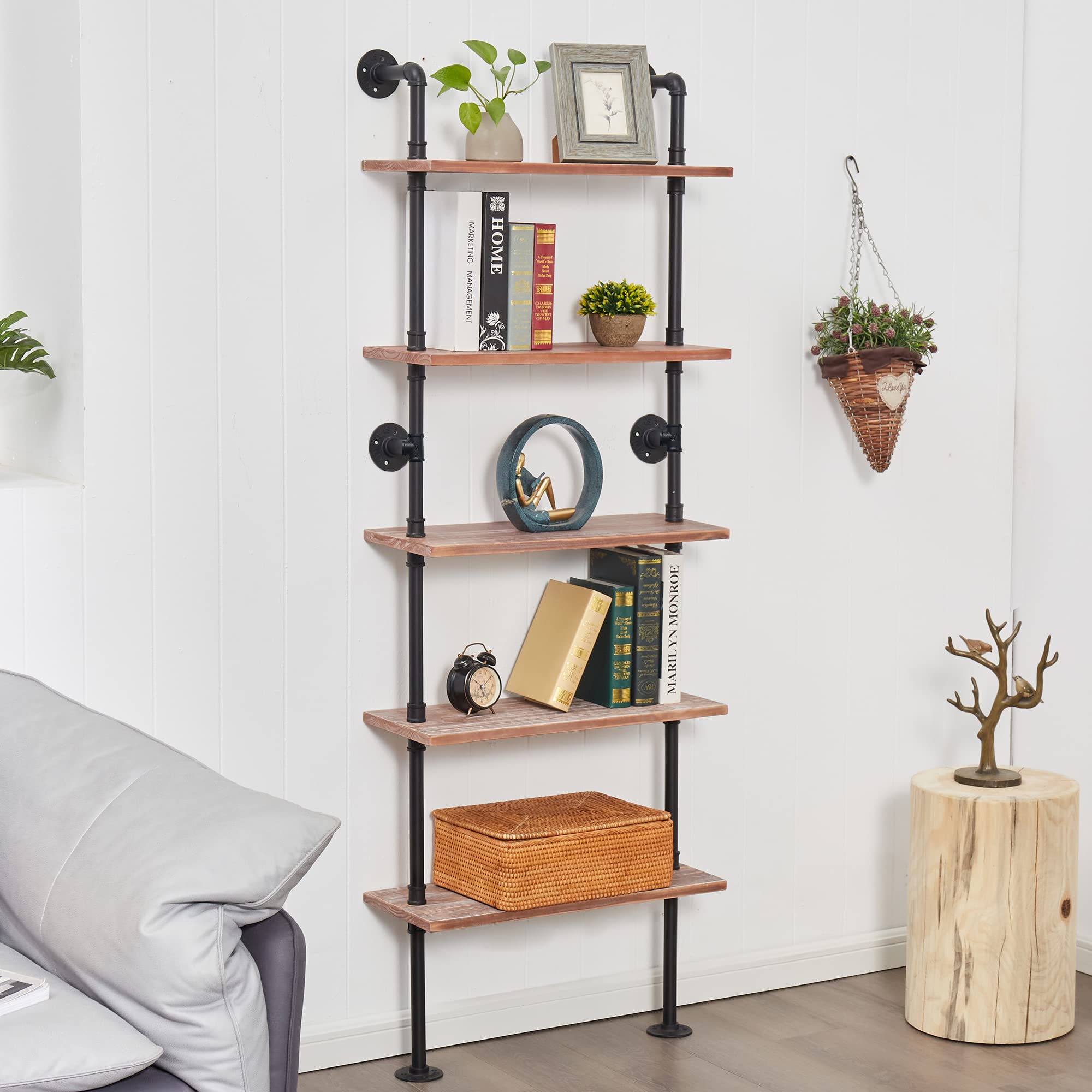 5 tier industrial ladder shelf bookcase, wall mounted rustic bookshelf, retro wood metal pipe industrial shelves for living room decor and storage (weathered brown, 10" d x 24" w x 70" h)