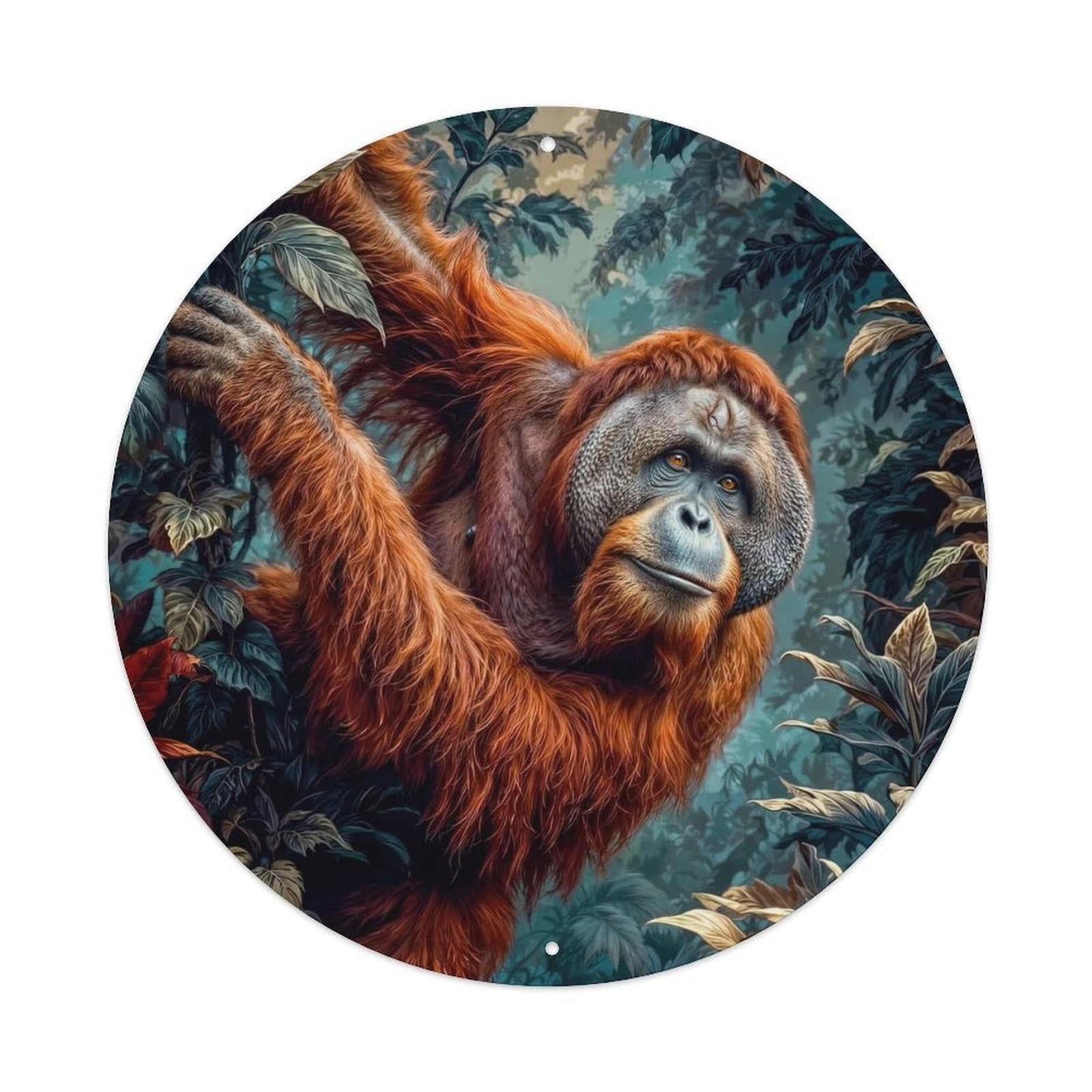 Wildlife Orangutan Hanging on Tropical Jungle Foliage Habitat Vintage Metal Tin Sign Plaque Wall Decor for Cafe, Club Bar, Office, Garden Metal Poster 8x8Inch