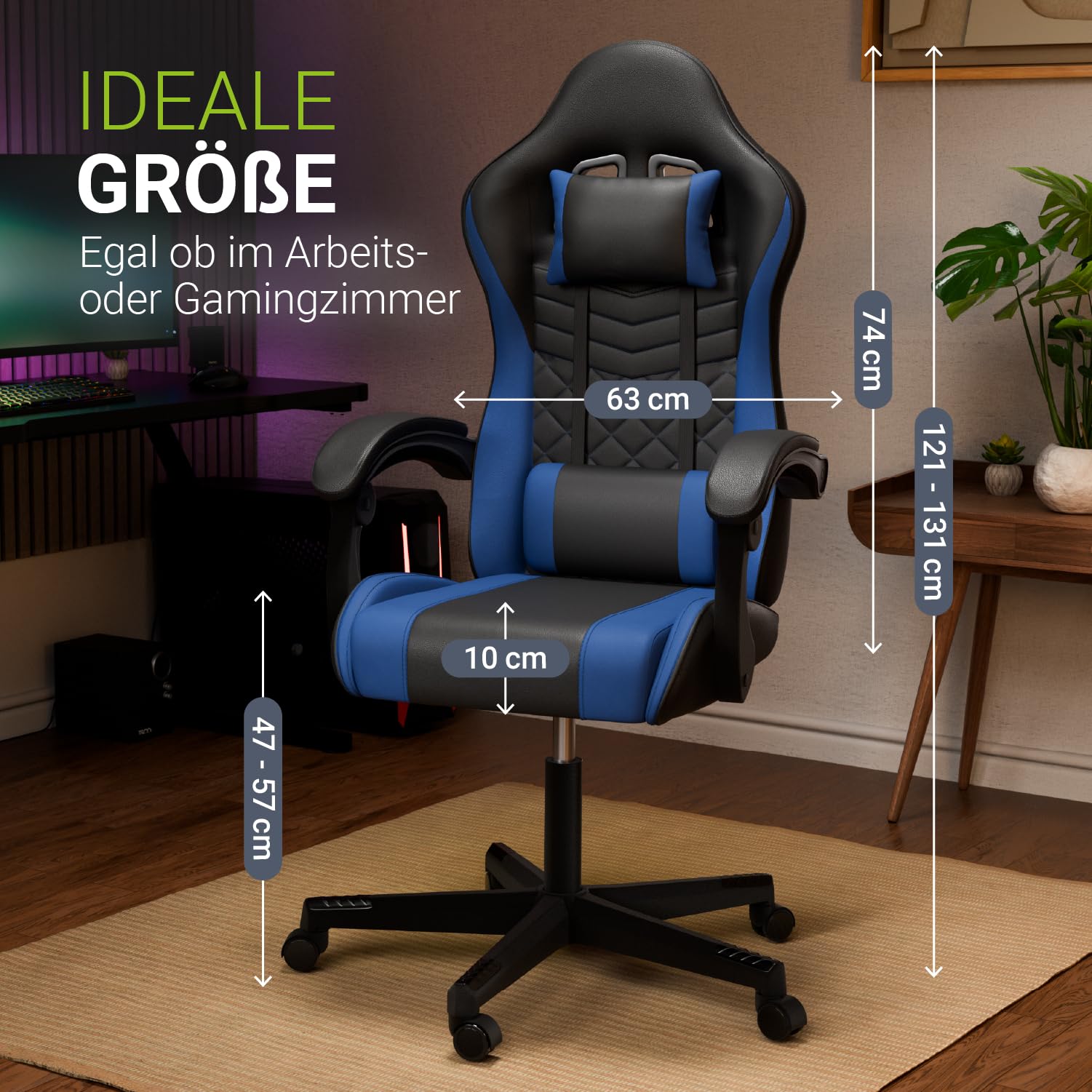 Juskys® Gamingstuhl HyperSeat — Höhenverstellbar, verstellbare Rückenlehne & gepolsterte Armlehnen, Kunstleder, ergonomisch & belastbar — Schwarz/blau