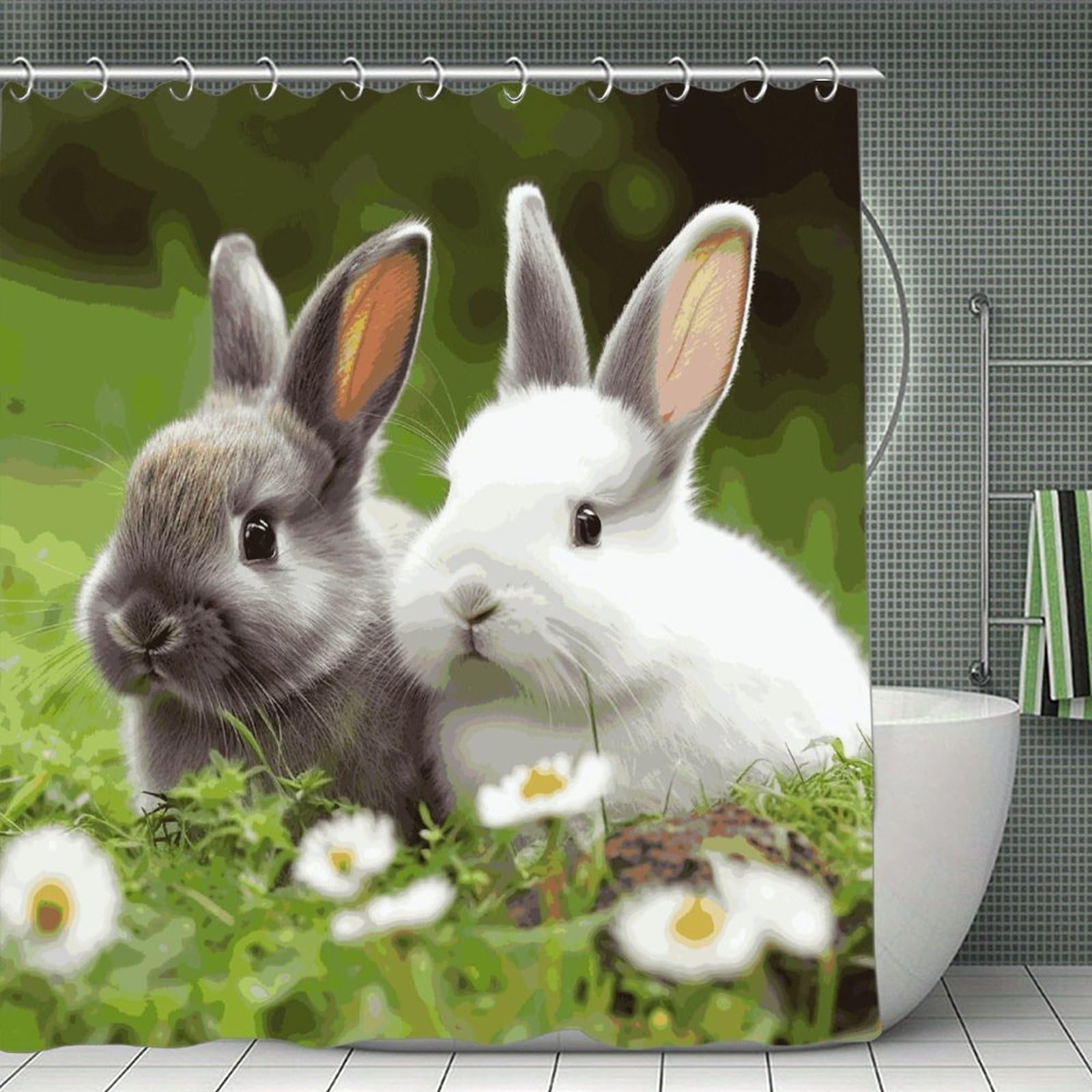 VstaDank Two Little Cute Rabbits Bath Curtain Elegant Heavy Duty Shower Curtains 70x70 in Rustic Farmhouse Cloth Shower Curtains Neutral Modern Bath Curtain for Bathroom