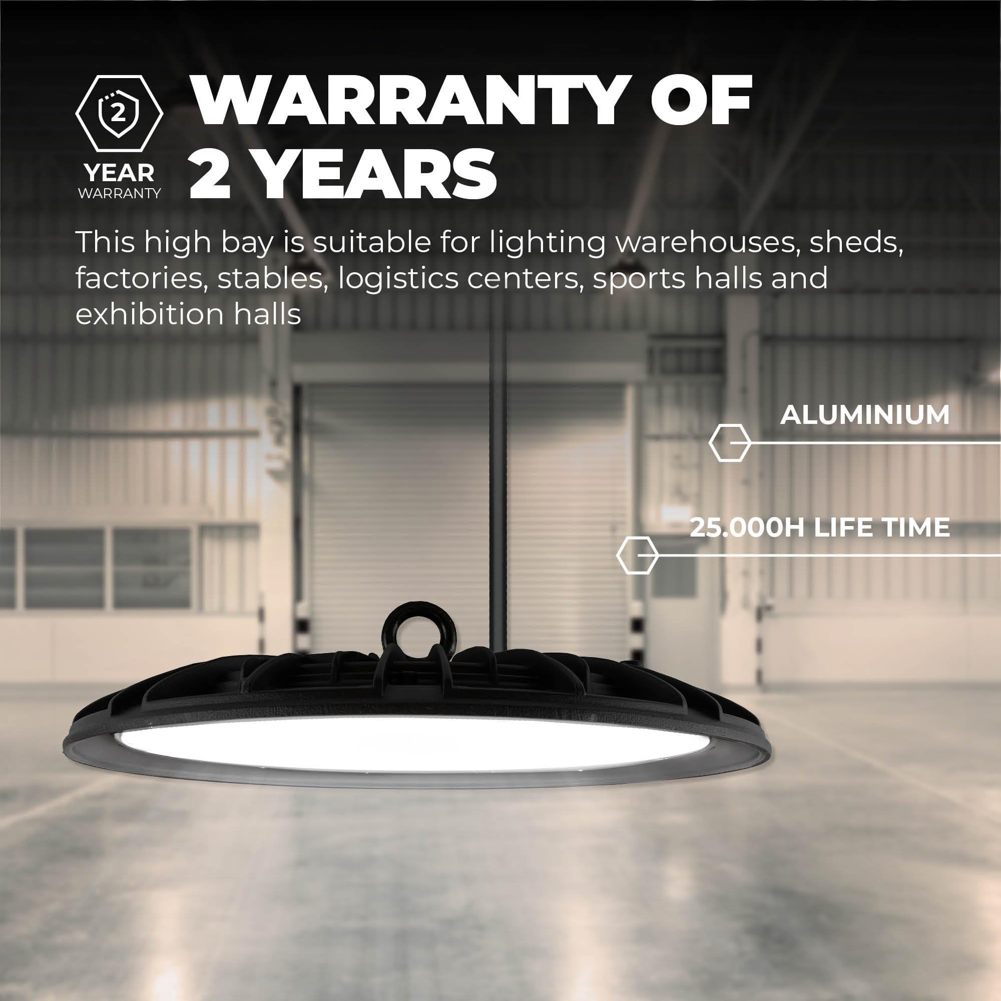 Ledvion Energooszczędny czujnik LED High Bay, 150 W, 110 lm/W, 22 000 lumenów, 3000 K, IP65, możliwość ściemniania, profesjonalna lampa UFO